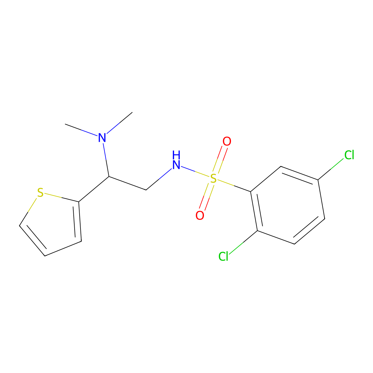 2,5-dichloro-N-(2-(dimethylamino)-2-(thiophen-2-yl)ethyl)benzenesulfonamide molecular structure, CAS 1211019-34-9