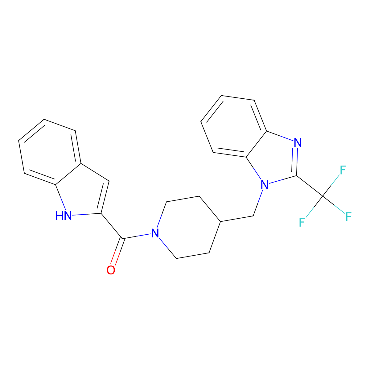 1-{[1-(1H-indole-2-carbonyl)piperidin-4-yl]methyl}-2-(trifluoromethyl)-1H-1,3-benzodiazole molecular structure, CAS 1211024-52-0