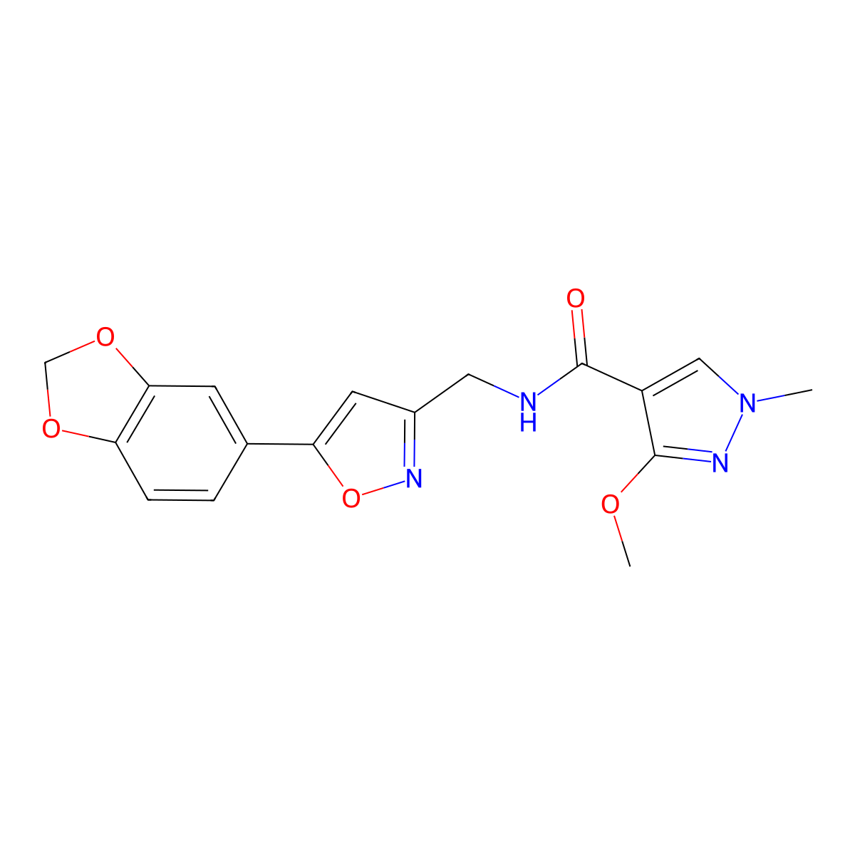 N-((5-(benzo[d][1,3]dioxol-5-yl)isoxazol-3-yl)methyl)-3-methoxy-1-methyl-1H-pyrazole-4-carboxamide molecular structure, CAS 1211026-21-9