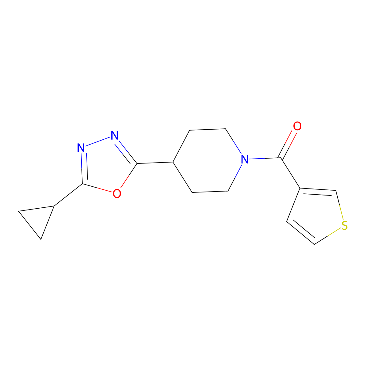 (4-(5-Cyclopropyl-1,3,4-oxadiazol-2-yl)piperidin-1-yl)(thiophen-3-yl)methanone molecular structure, CAS 1211079-74-1