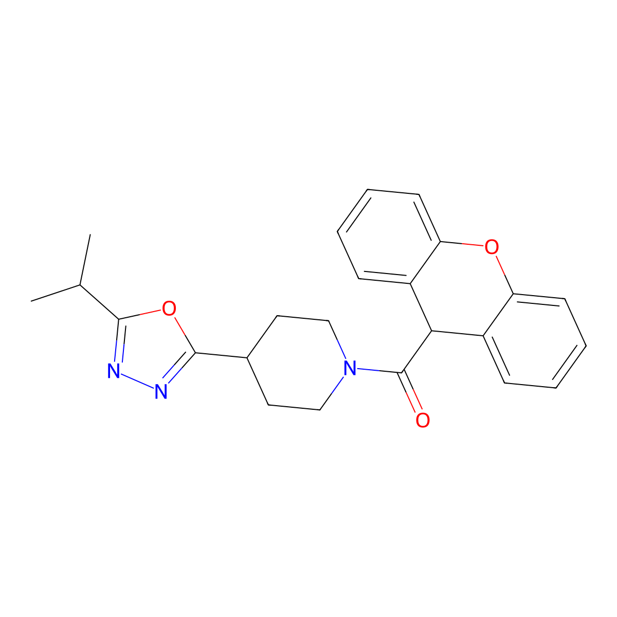 4-[5-(propan-2-yl)-1,3,4-oxadiazol-2-yl]-1-(9H-xanthene-9-carbonyl)piperidine molecular structure, CAS 1211086-12-2