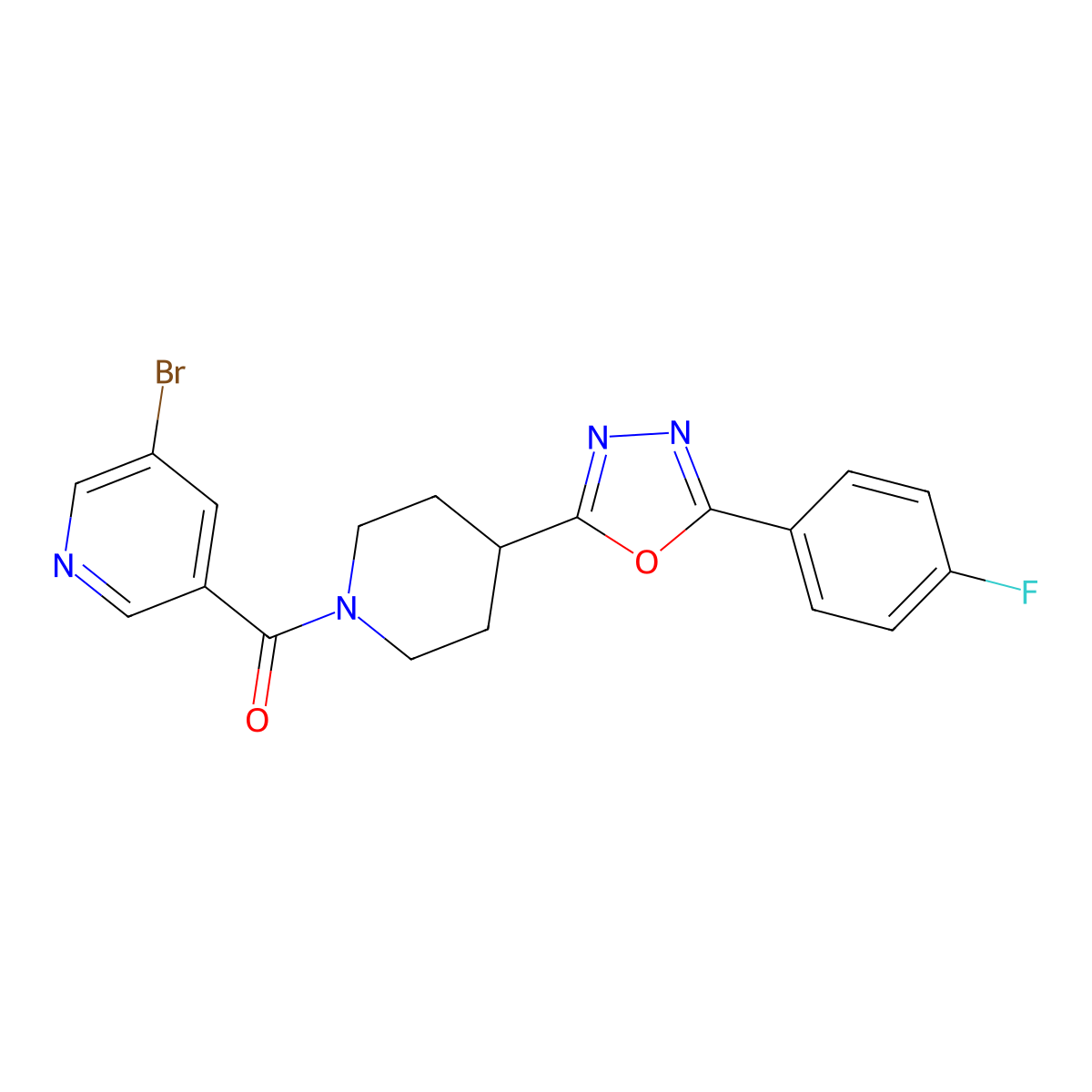 (5-Bromopyridin-3-yl)(4-(5-(4-fluorophenyl)-1,3,4-oxadiazol-2-yl)piperidin-1-yl)methanone molecular structure, CAS 1211086-76-8