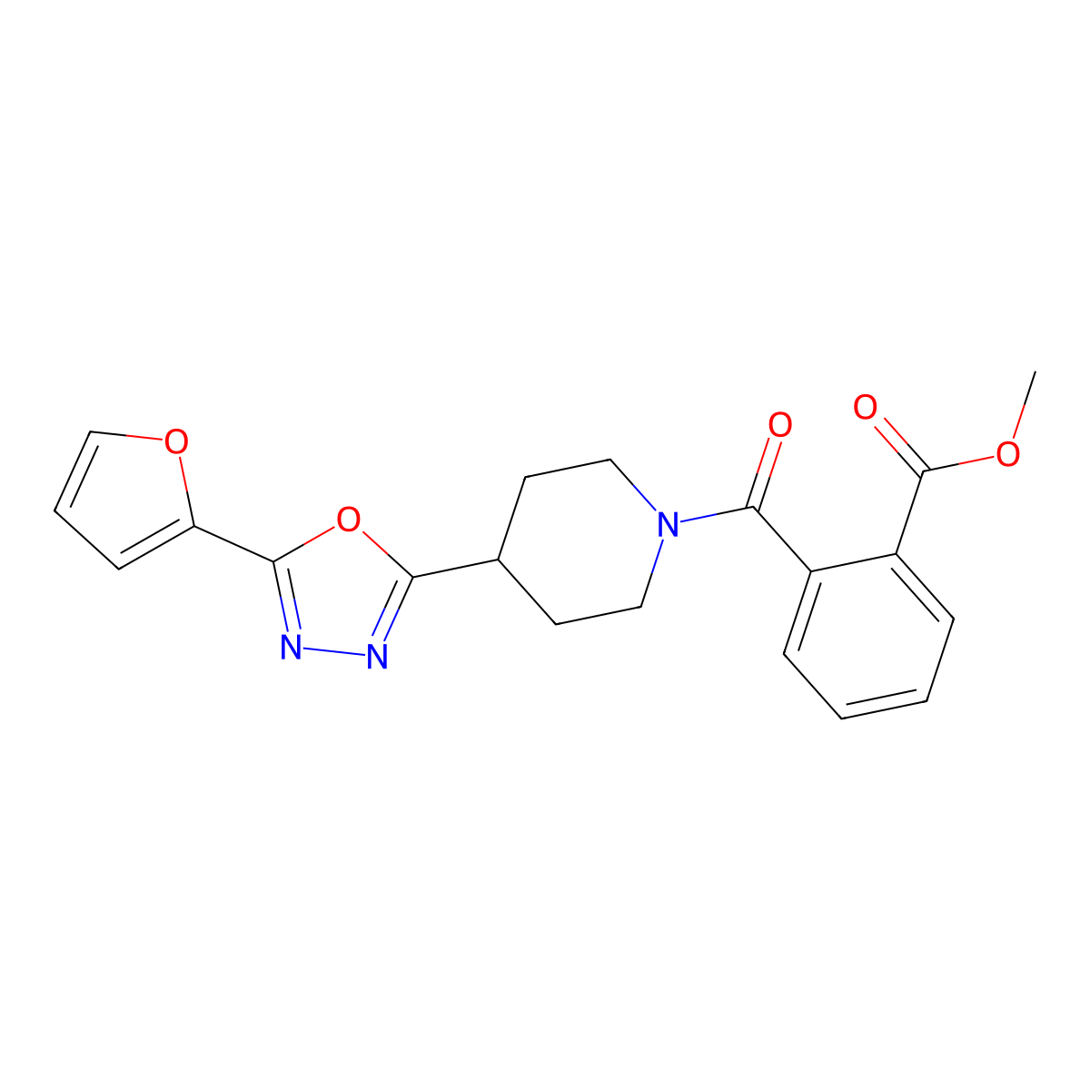 Methyl 2-{4-[5-(furan-2-yl)-1,3,4-oxadiazol-2-yl]piperidine-1-carbonyl}benzoate molecular structure, CAS 1211101-81-3