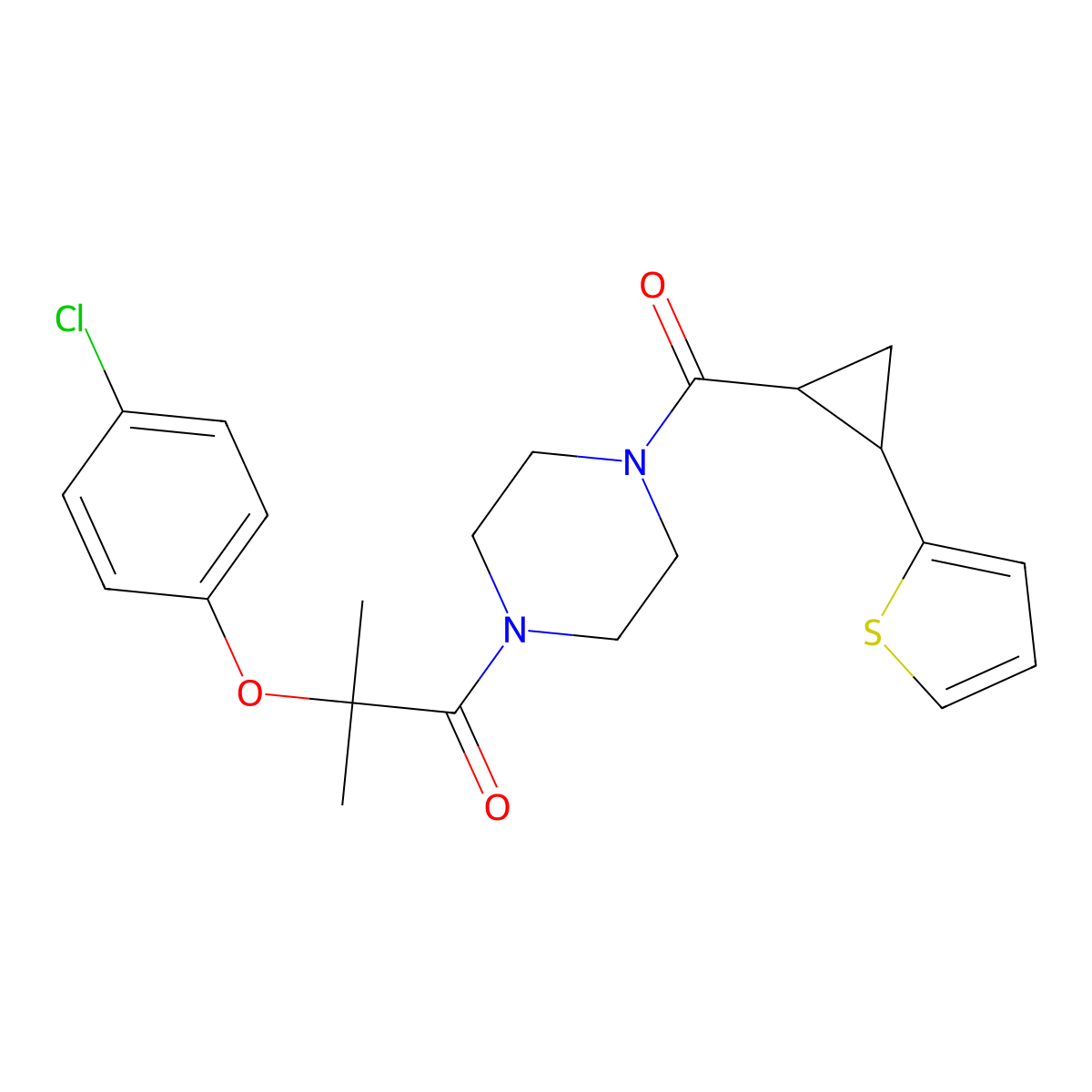 2-(4-Chlorophenoxy)-2-methyl-1-(4-(2-(thiophen-2-yl)cyclopropanecarbonyl)piperazin-1-yl)propan-1-one molecular structure, CAS 1211120-33-0