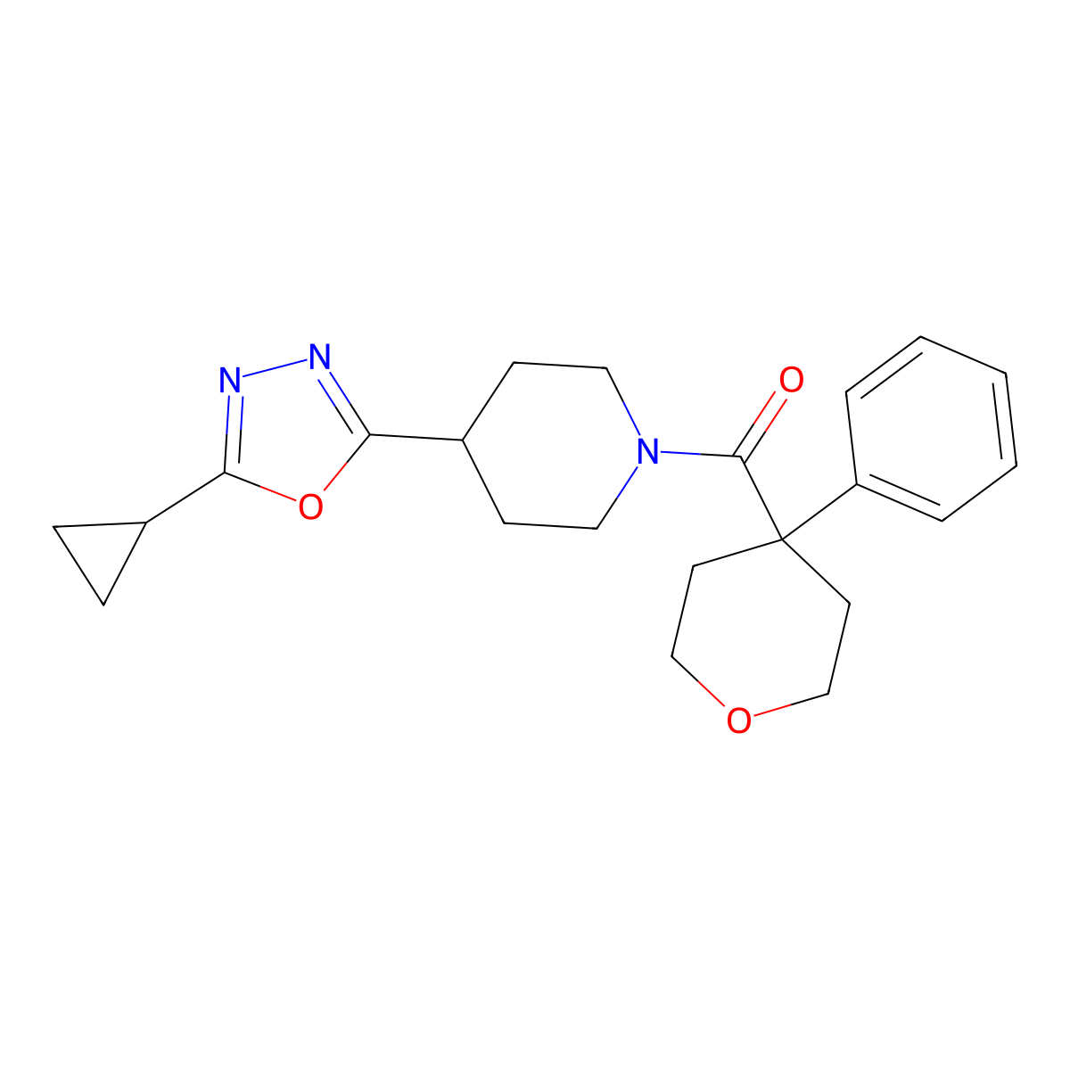 (4-(5-cyclopropyl-1,3,4-oxadiazol-2-yl)piperidin-1-yl)(4-phenyltetrahydro-2H-pyran-4-yl)methanone molecular structure, CAS 1211120-72-7