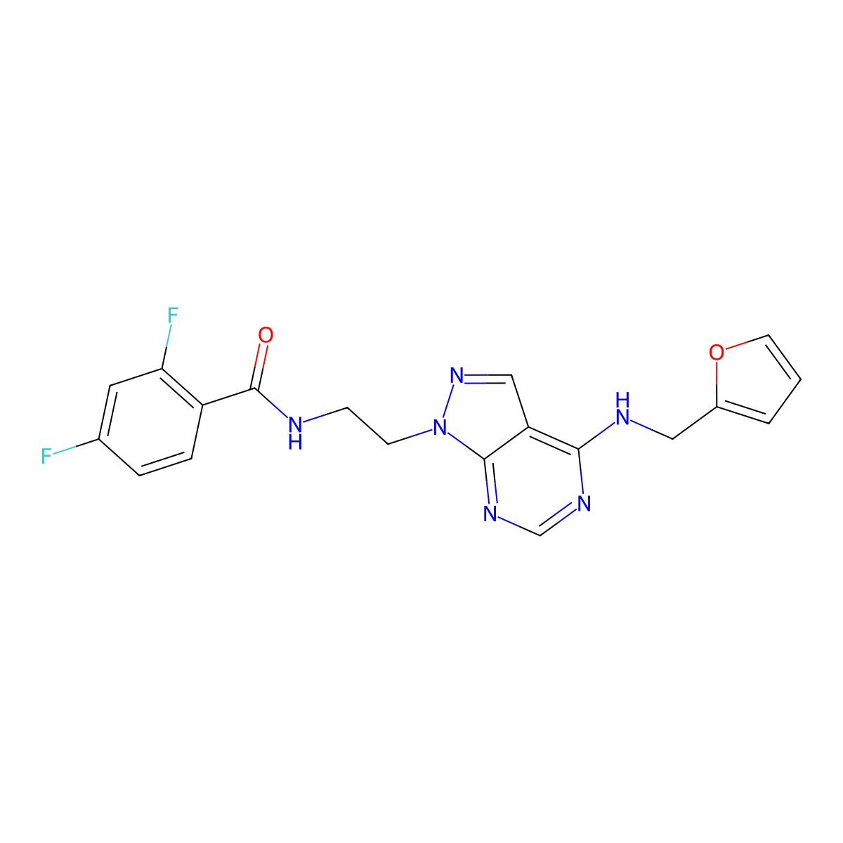 2,4-difluoro-N-(2-(4-((furan-2-ylmethyl)amino)-1H-pyrazolo[3,4-d]pyrimidin-1-yl)ethyl)benzamide molecular structure, CAS 1211123-87-3