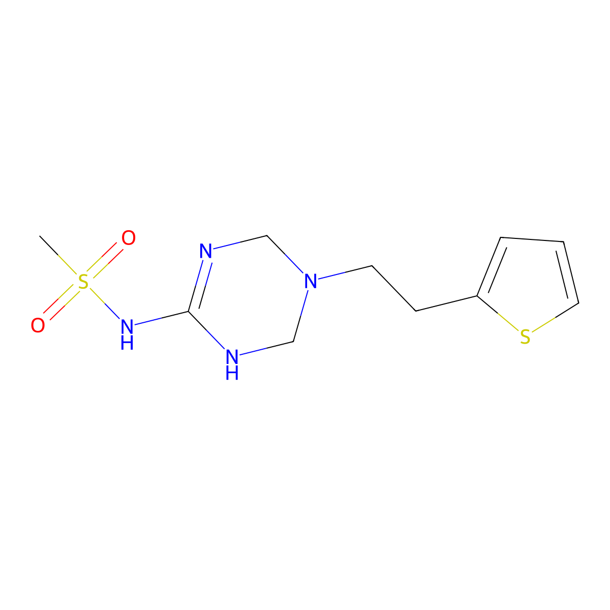 N-{5-[2-(thiophen-2-yl)ethyl]-1,4,5,6-tetrahydro-1,3,5-triazin-2-yl}methanesulfonamide molecular structure, CAS 1211129-40-6