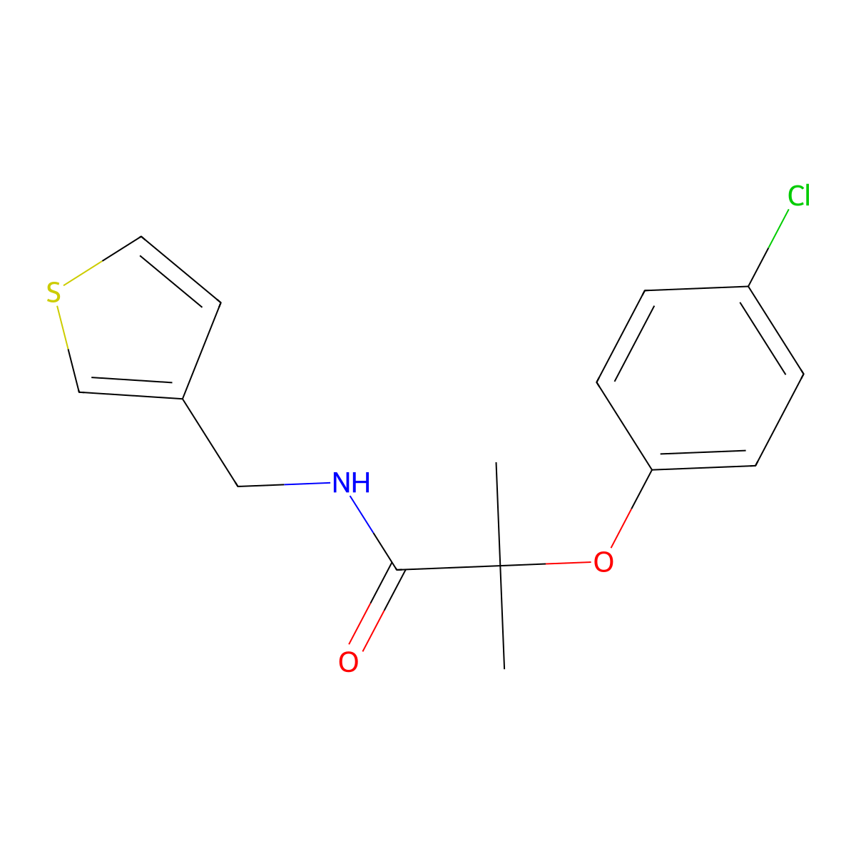 2-(4-chlorophenoxy)-2-methyl-N-(thiophen-3-ylmethyl)propanamide molecular structure, CAS 1211131-26-8