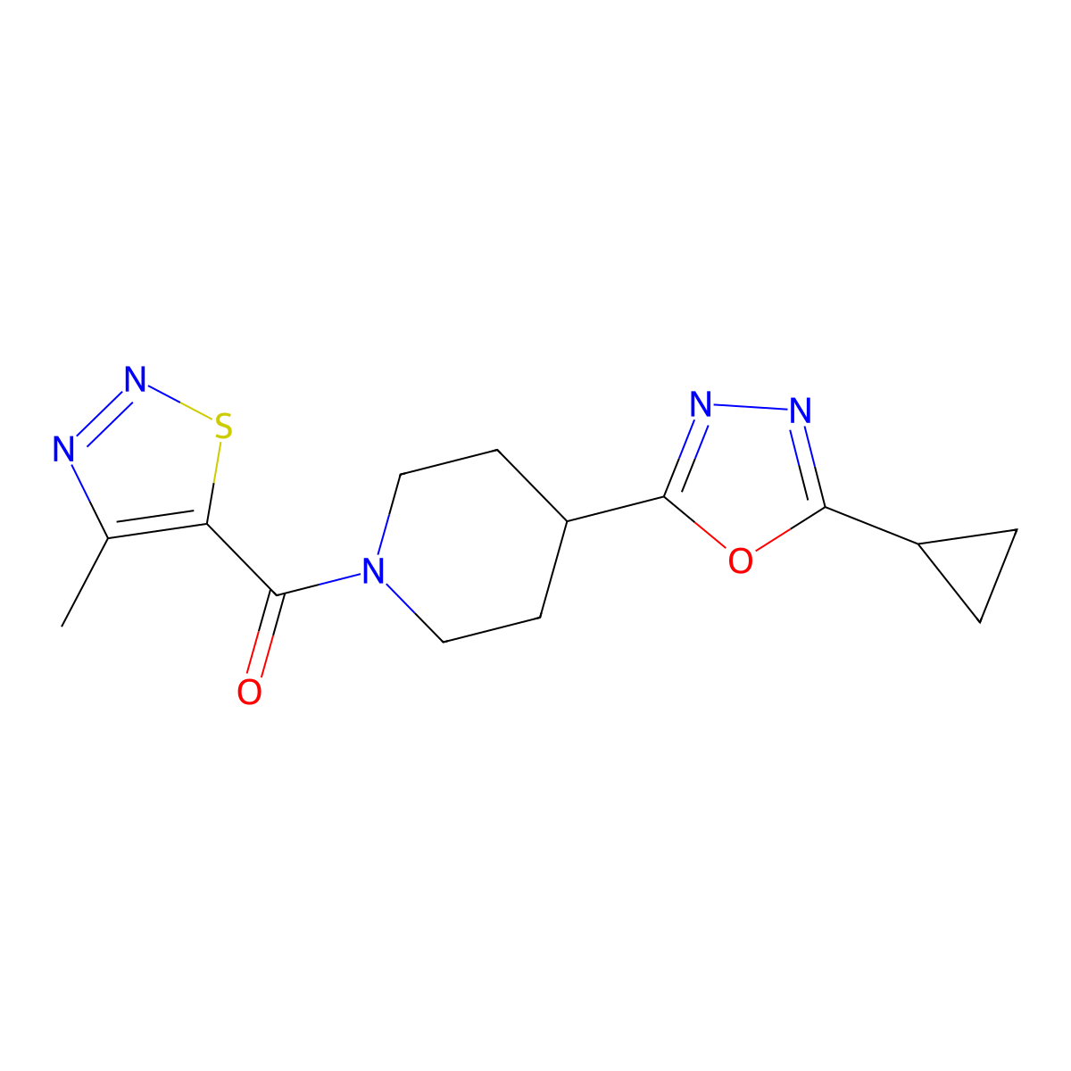 (4-(5-Cyclopropyl-1,3,4-oxadiazol-2-yl)piperidin-1-yl)(4-methyl-1,2,3-thiadiazol-5-yl)methanone molecular structure, CAS 1211134-19-8