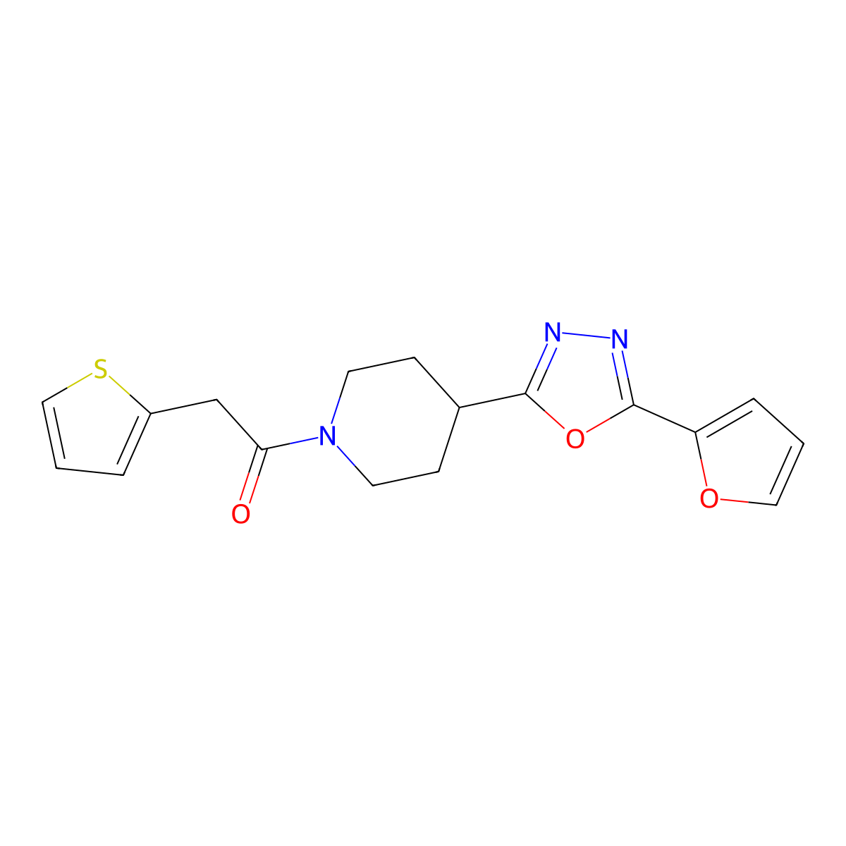 1-(4-(5-(Furan-2-yl)-1,3,4-oxadiazol-2-yl)piperidin-1-yl)-2-(thiophen-2-yl)ethanone molecular structure, CAS 1211137-06-2