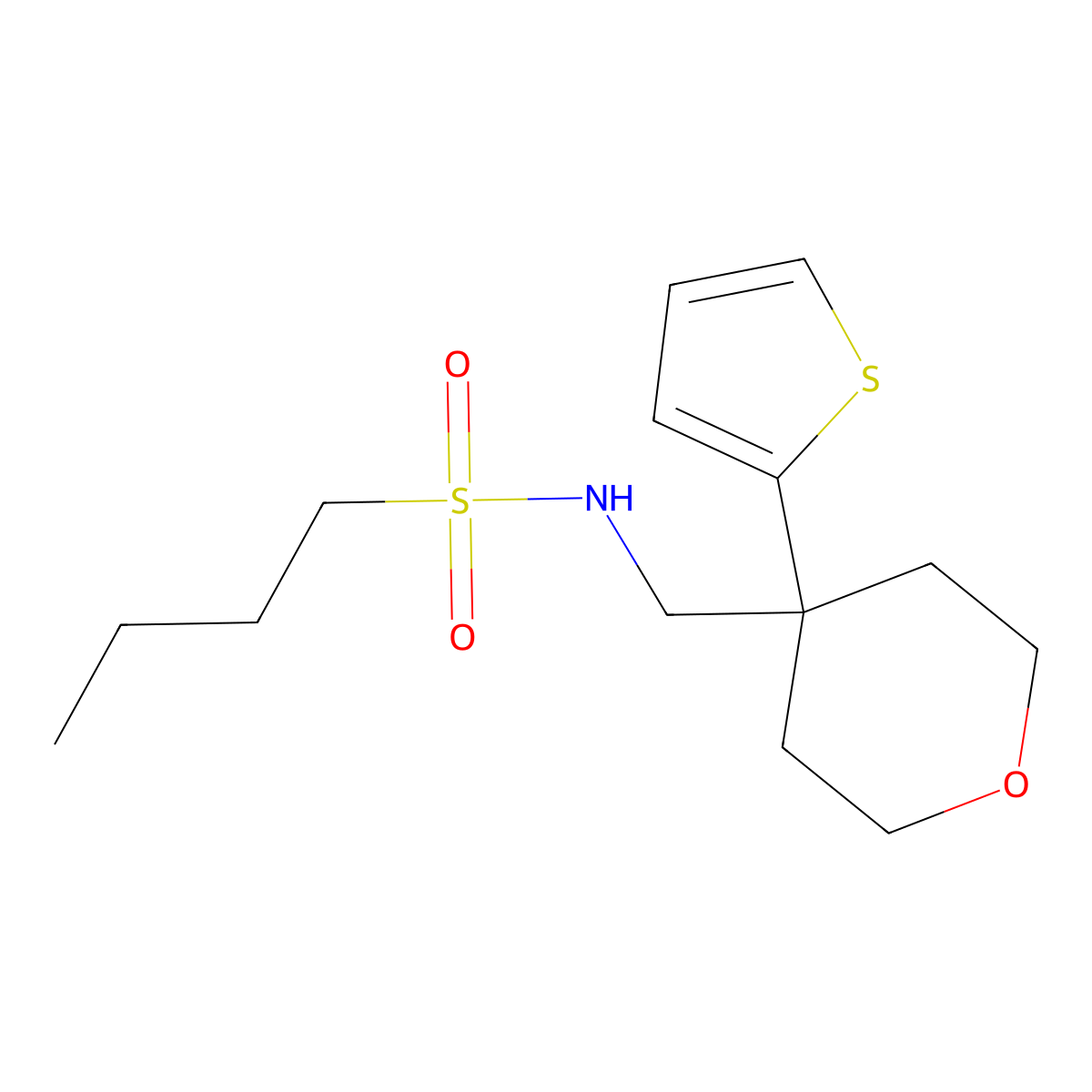 N-((4-(thiophen-2-yl)tetrahydro-2H-pyran-4-yl)methyl)butane-1-sulfonamide molecular structure, CAS 1211144-28-3