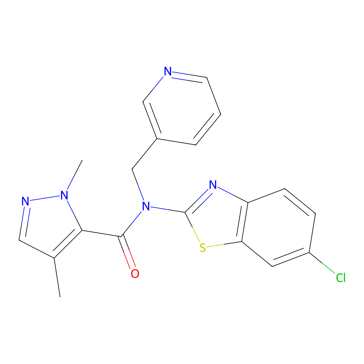 N-(6-chlorobenzo[d]thiazol-2-yl)-1,4-dimethyl-N-(pyridin-3-ylmethyl)-1H-pyrazole-5-carboxamide molecular structure, CAS 1211149-73-3