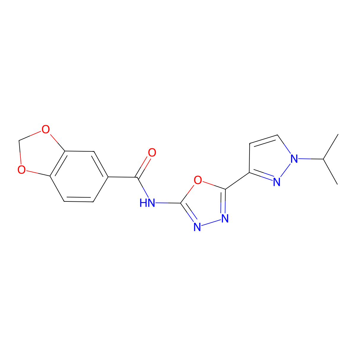 N-(5-(1-isopropyl-1H-pyrazol-3-yl)-1,3,4-oxadiazol-2-yl)benzo[d][1,3]dioxole-5-carboxamide molecular structure, CAS 1211156-54-5