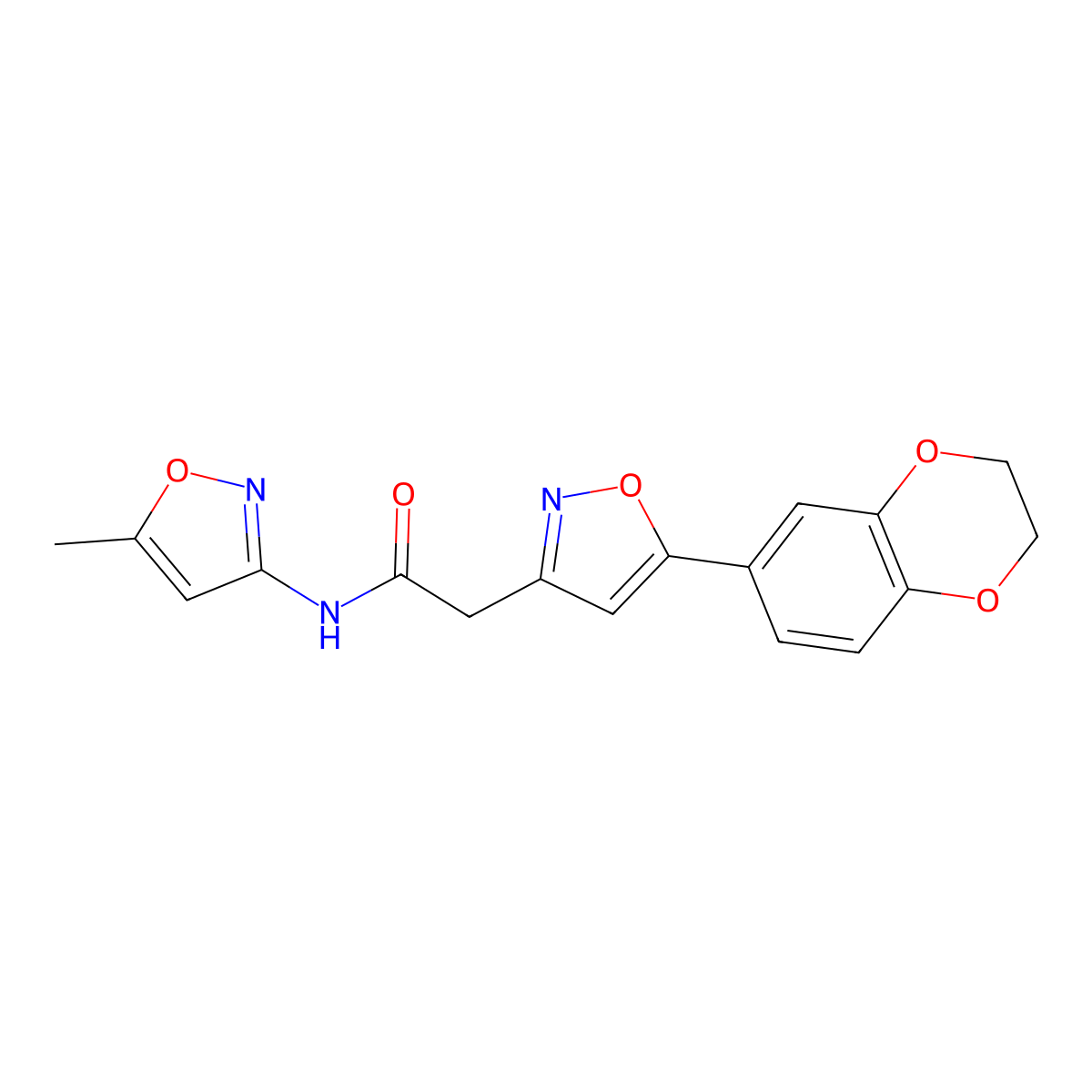 2-[5-(2,3-dihydro-1,4-benzodioxin-6-yl)-1,2-oxazol-3-yl]-N-(5-methyl-1,2-oxazol-3-yl)acetamide molecular structure, CAS 1211156-87-4