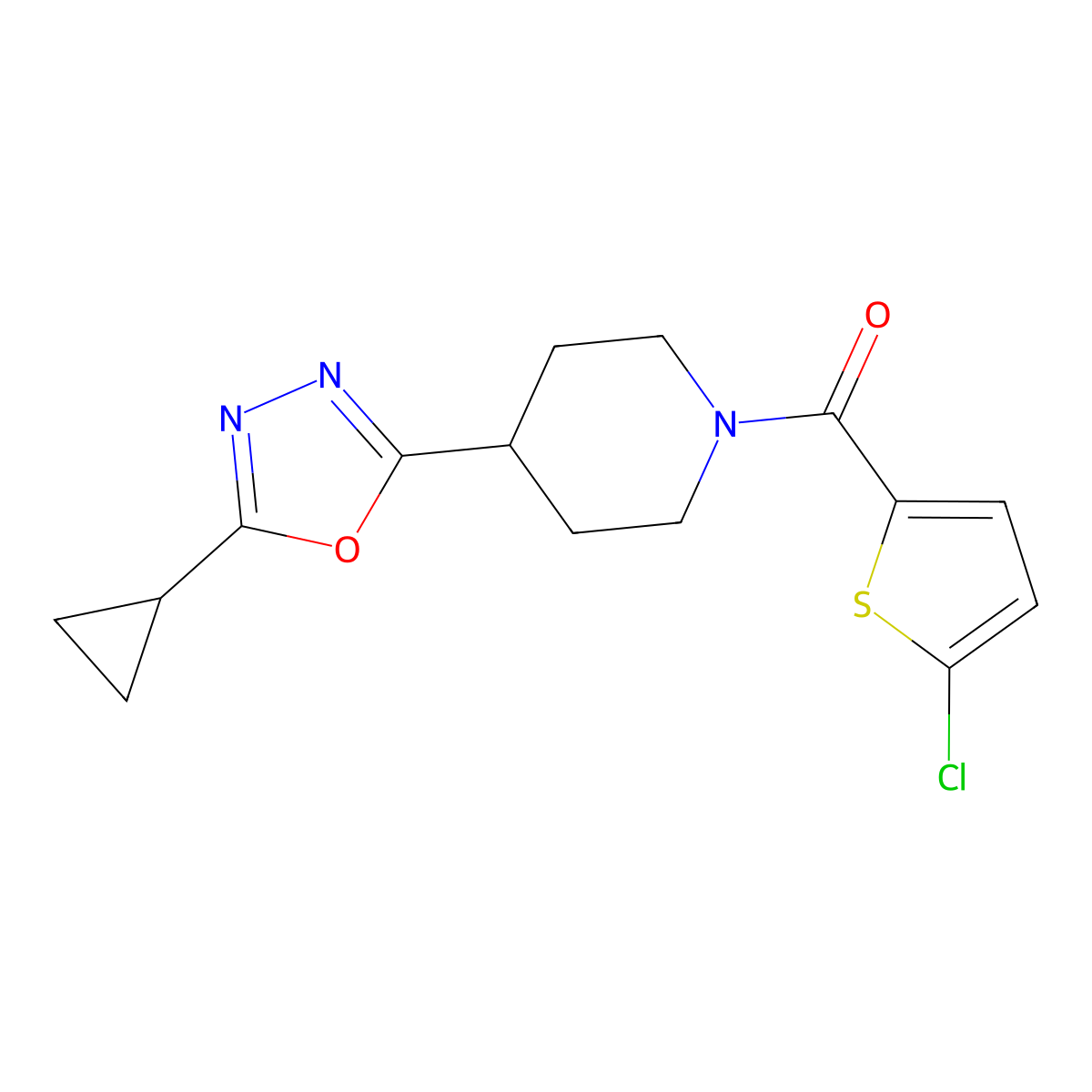 (5-Chlorothiophen-2-yl)(4-(5-cyclopropyl-1,3,4-oxadiazol-2-yl)piperidin-1-yl)methanone molecular structure, CAS 1211159-44-2