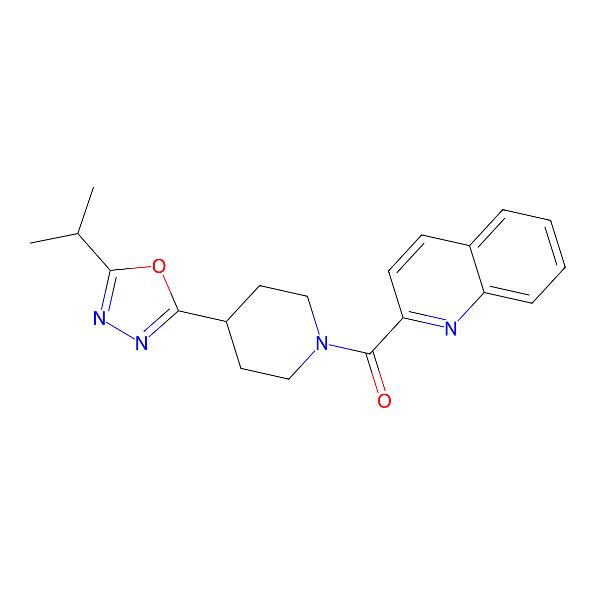 (4-(5-Isopropyl-1,3,4-oxadiazol-2-yl)piperidin-1-yl)(quinolin-2-yl)methanone molecular structure, CAS 1211161-08-8