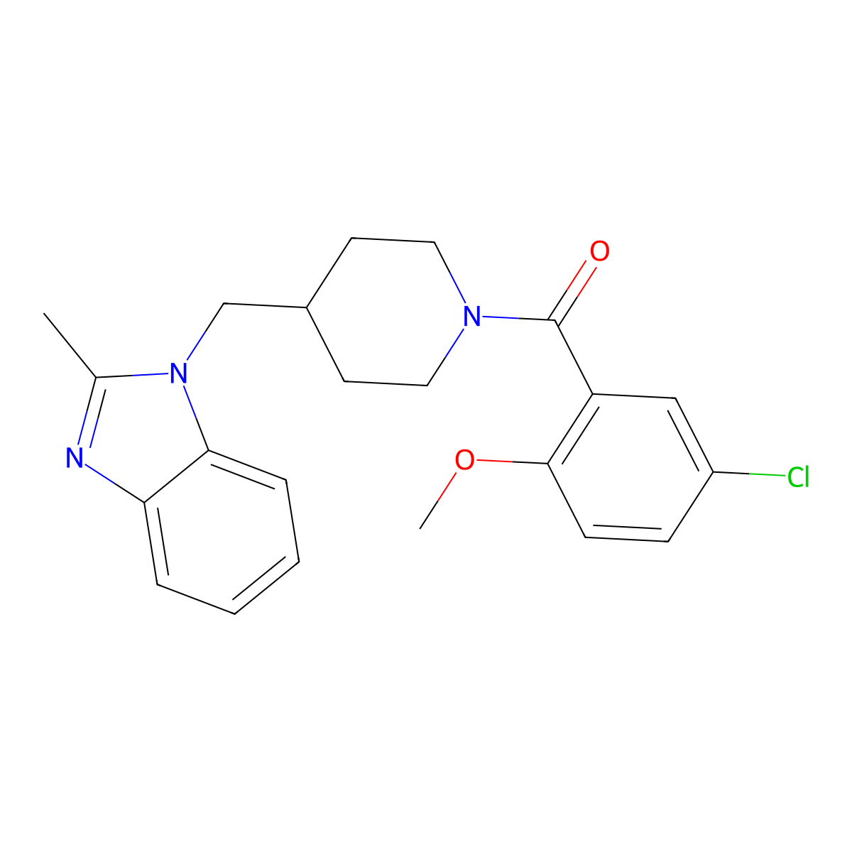 (5-chloro-2-methoxyphenyl)(4-((2-methyl-1H-benzo[d]imidazol-1-yl)methyl)piperidin-1-yl)methanone molecular structure, CAS 1211161-85-1