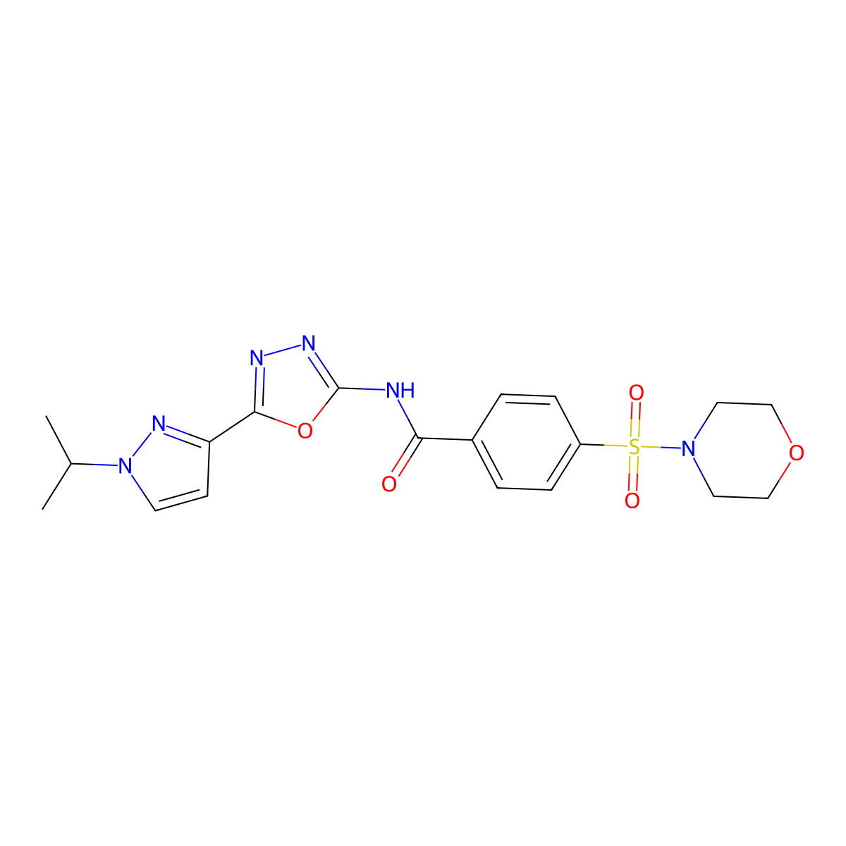 N-(5-(1-isopropyl-1H-pyrazol-3-yl)-1,3,4-oxadiazol-2-yl)-4-(morpholinosulfonyl)benzamide molecular structure, CAS 1211176-57-6