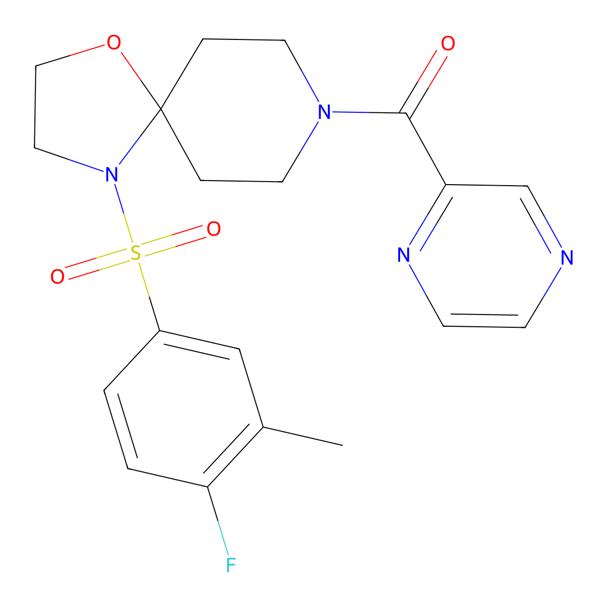 (4-((4-Fluoro-3-methylphenyl)sulfonyl)-1-oxa-4,8-diazaspiro[4.5]decan-8-yl)(pyrazin-2-yl)methanone molecular structure, CAS 1211181-55-3