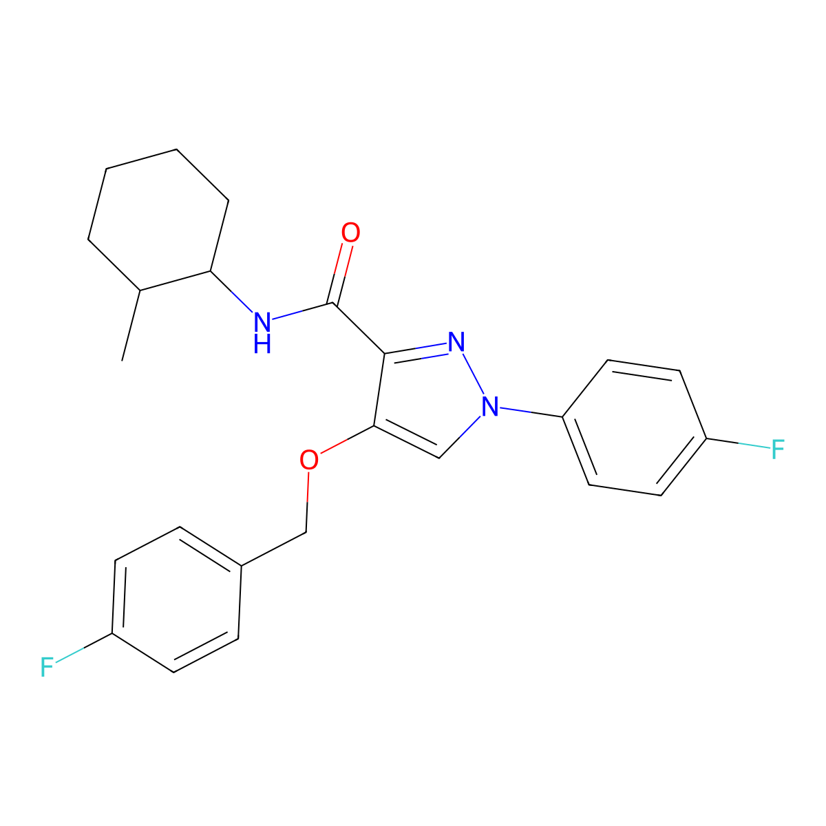 1-(4-fluorophenyl)-4-[(4-fluorophenyl)methoxy]-N-(2-methylcyclohexyl)-1H-pyrazole-3-carboxamide molecular structure, CAS 1211183-95-7