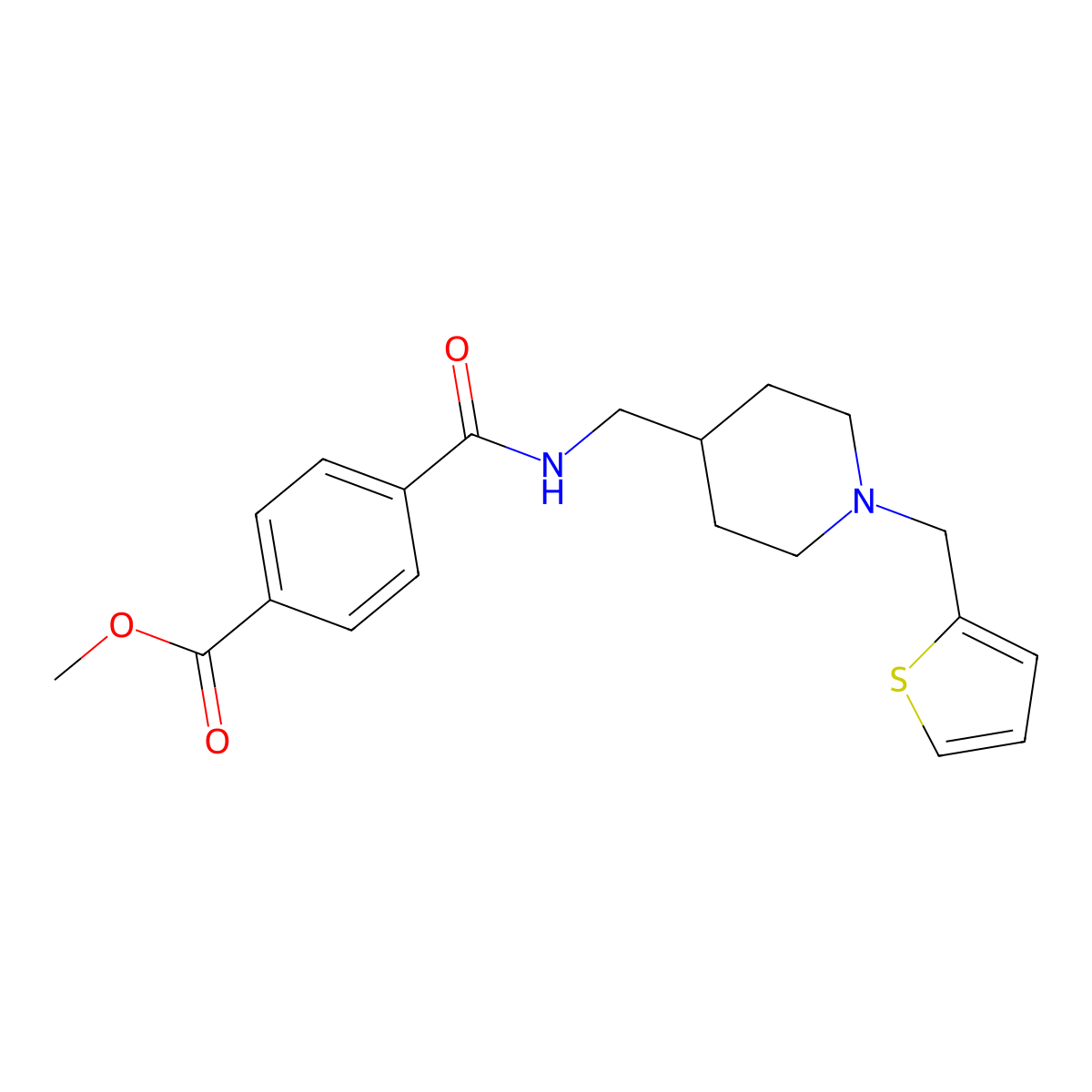 Methyl 4-(((1-(thiophen-2-ylmethyl)piperidin-4-yl)methyl)carbamoyl)benzoate molecular structure, CAS 1211184-84-7