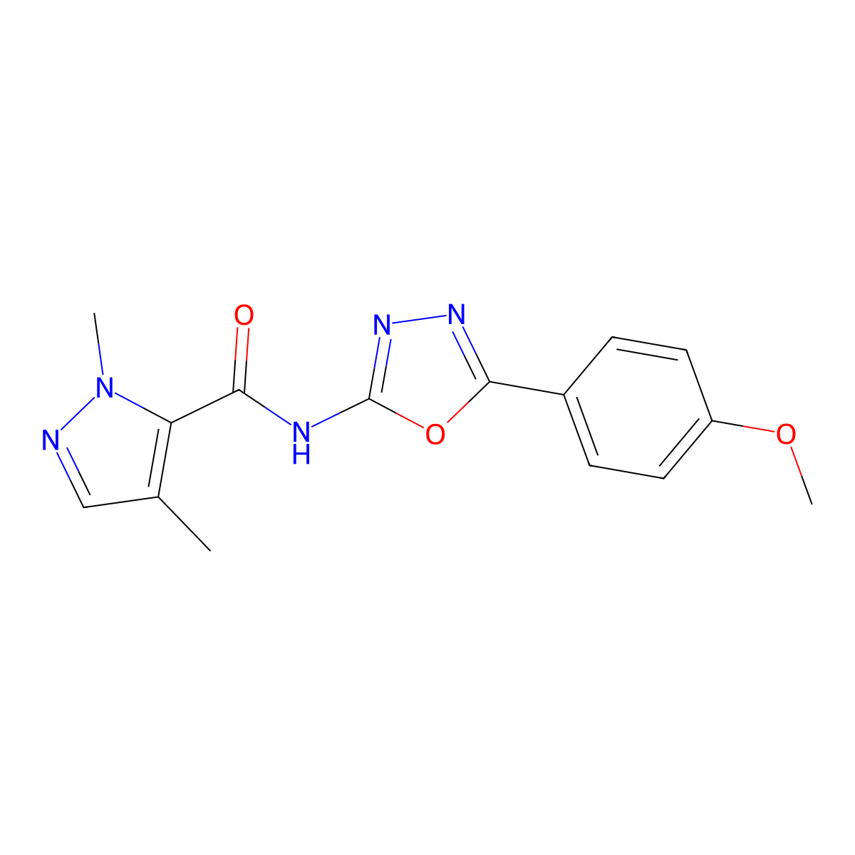 N-[5-(4-methoxyphenyl)-1,3,4-oxadiazol-2-yl]-1,4-dimethyl-1H-pyrazole-5-carboxamide molecular structure, CAS 1211186-95-6