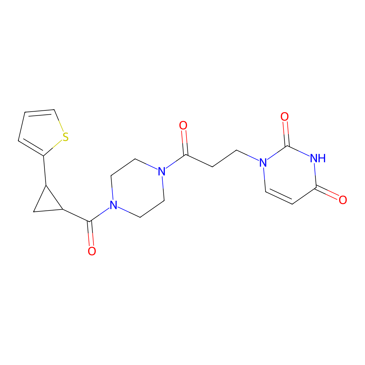 1-(3-oxo-3-(4-(2-(thiophen-2-yl)cyclopropanecarbonyl)piperazin-1-yl)propyl)pyrimidine-2,4(1H,3H)-dione molecular structure, CAS 1211189-24-0
