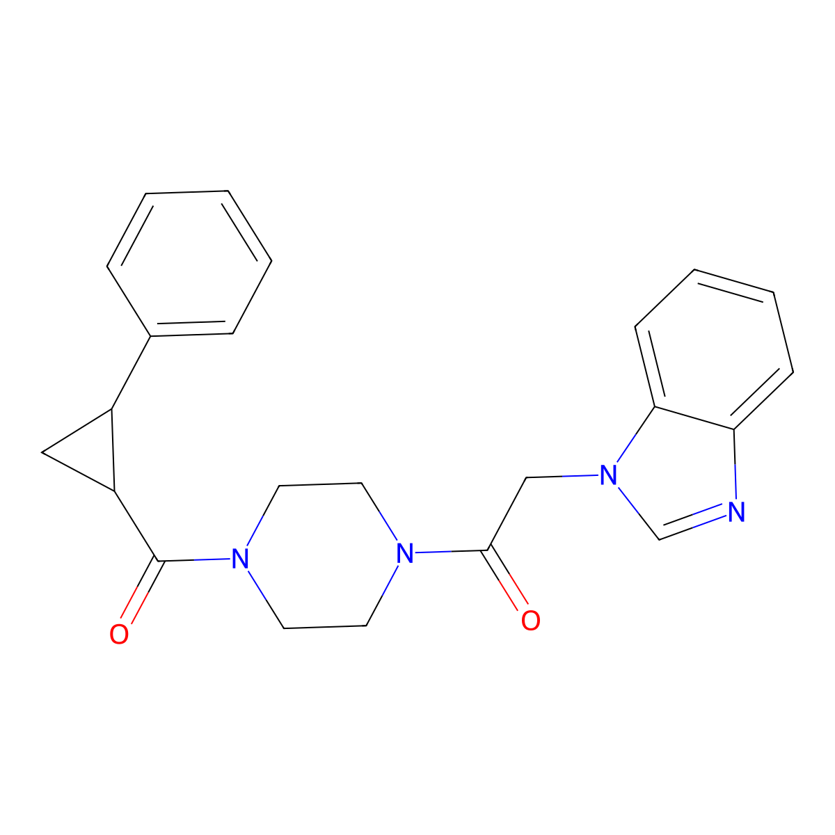2-(1H-benzo[d]imidazol-1-yl)-1-(4-(2-phenylcyclopropanecarbonyl)piperazin-1-yl)ethanone molecular structure, CAS 1211189-89-7