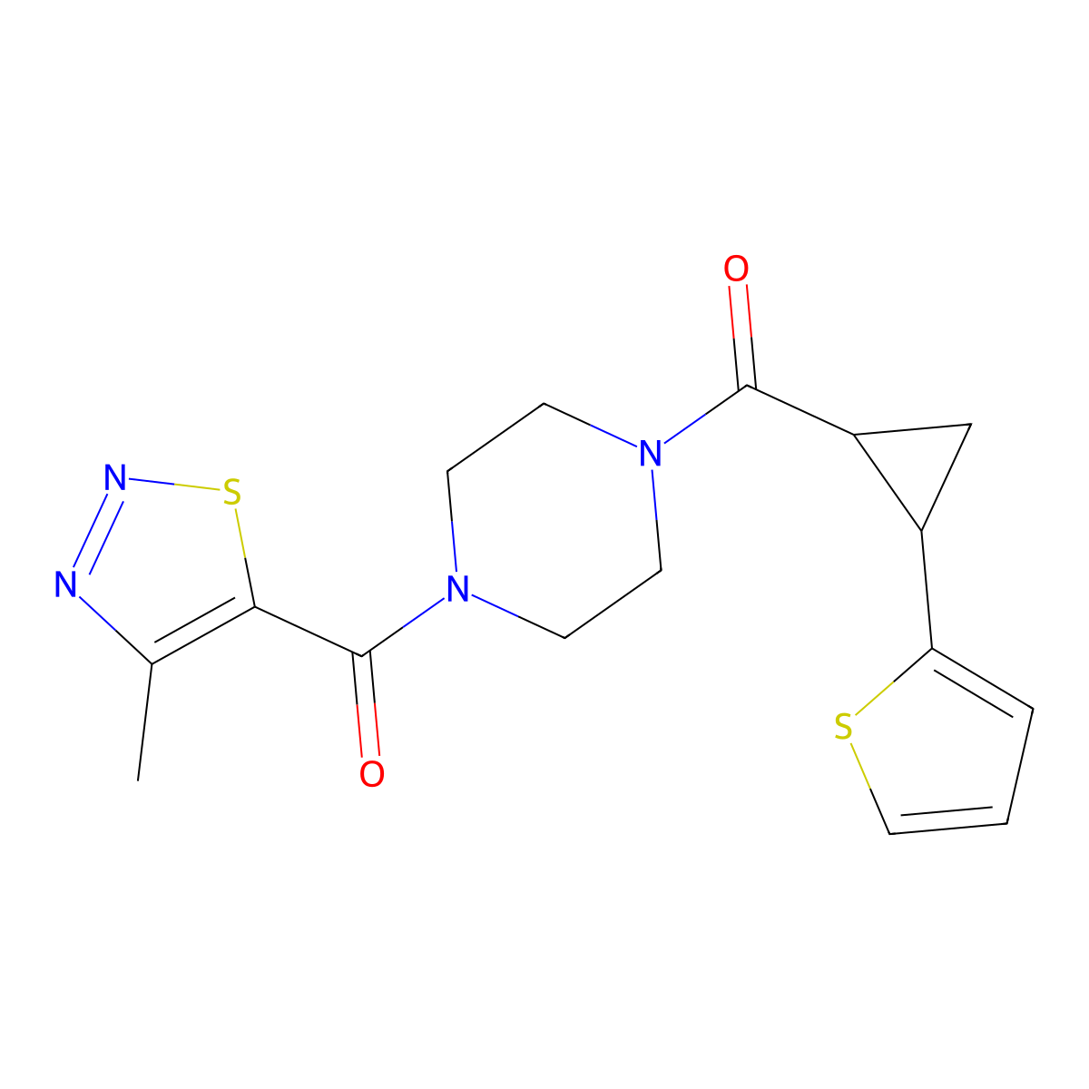 1-(4-Methyl-1,2,3-thiadiazole-5-carbonyl)-4-[2-(thiophen-2-yl)cyclopropanecarbonyl]piperazine molecular structure, CAS 1211209-46-9