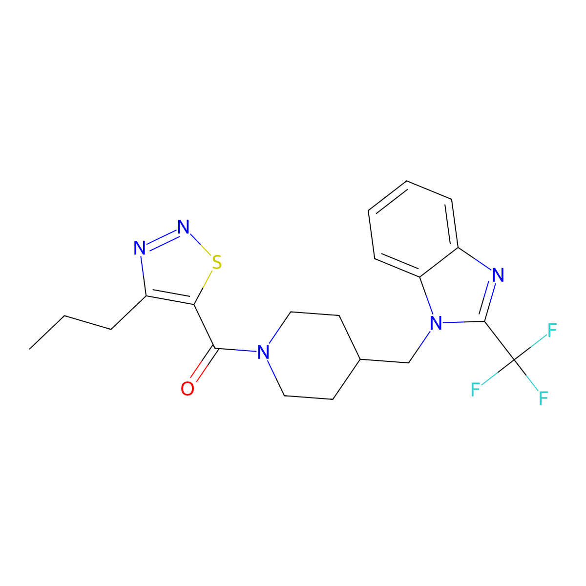 (4-propyl-1,2,3-thiadiazol-5-yl)(4-((2-(trifluoromethyl)-1H-benzo[d]imidazol-1-yl)methyl)piperidin-1-yl)methanone molecular structure, CAS 1211209-88-9