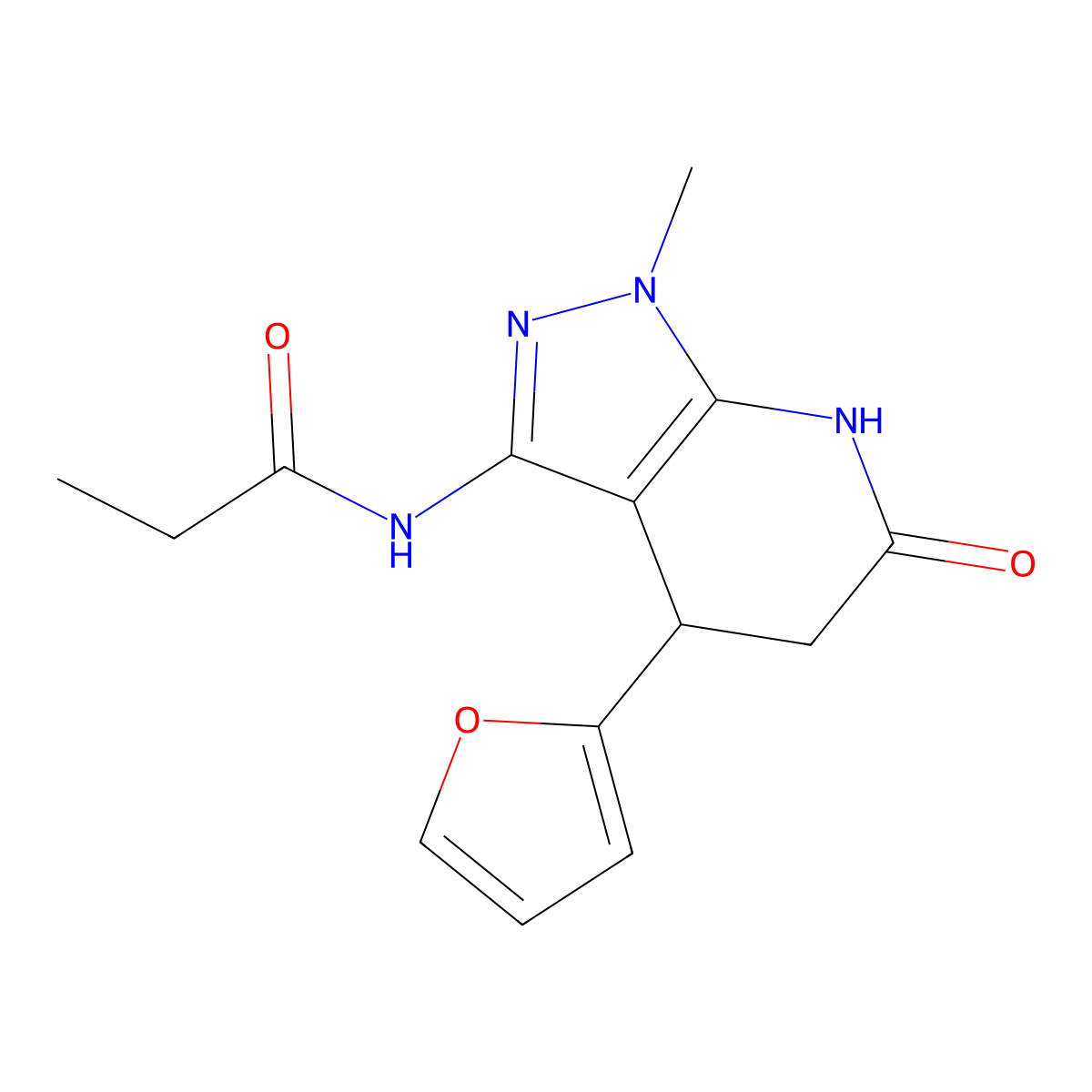 N-(4-(furan-2-yl)-1-methyl-6-oxo-4,5,6,7-tetrahydro-1H-pyrazolo[3,4-b]pyridin-3-yl)propionamide molecular structure, CAS 1211211-38-9