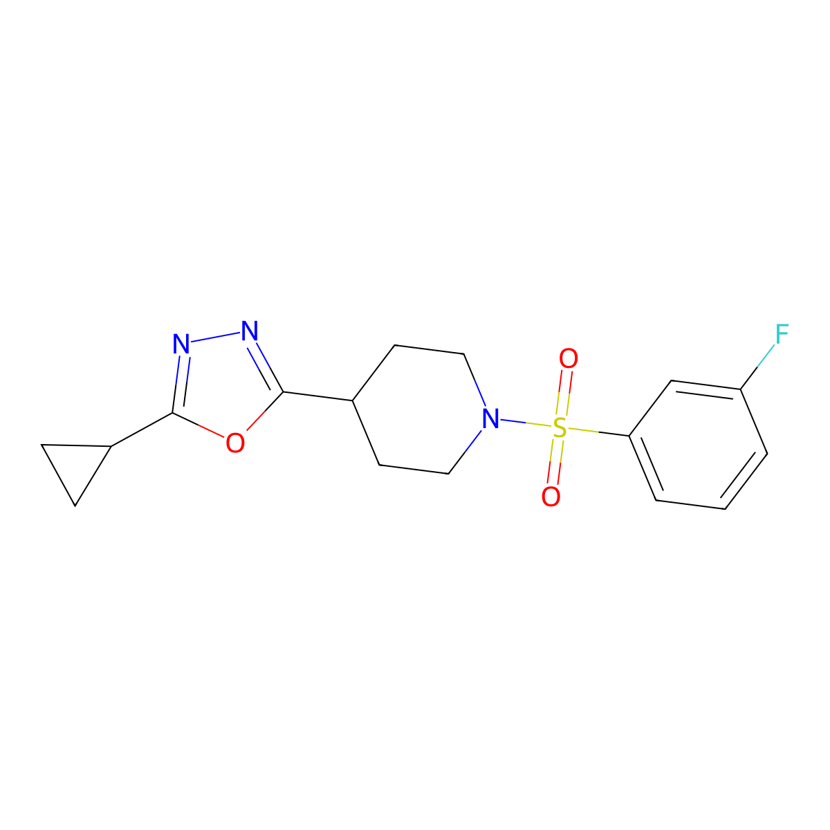 2-Cyclopropyl-5-(1-((3-fluorophenyl)sulfonyl)piperidin-4-yl)-1,3,4-oxadiazole molecular structure, CAS 1211215-64-3