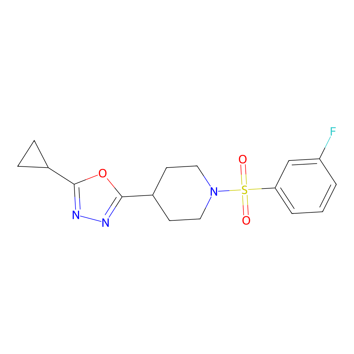 2-Cyclopropyl-5-(1-((3-fluorophenyl)sulfonyl)piperidin-4-yl)-1,3,4-oxadiazole molecular structure, CAS 1211215-64-3
