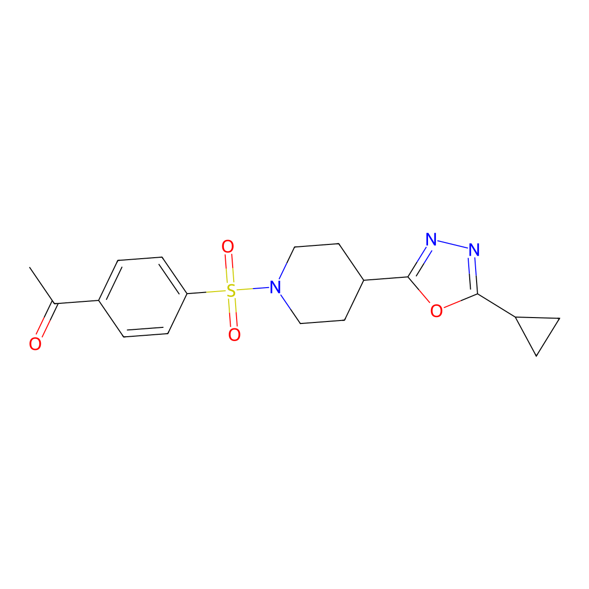 1-(4-((4-(5-Cyclopropyl-1,3,4-oxadiazol-2-yl)piperidin-1-yl)sulfonyl)phenyl)ethanone molecular structure, CAS 1211216-26-0