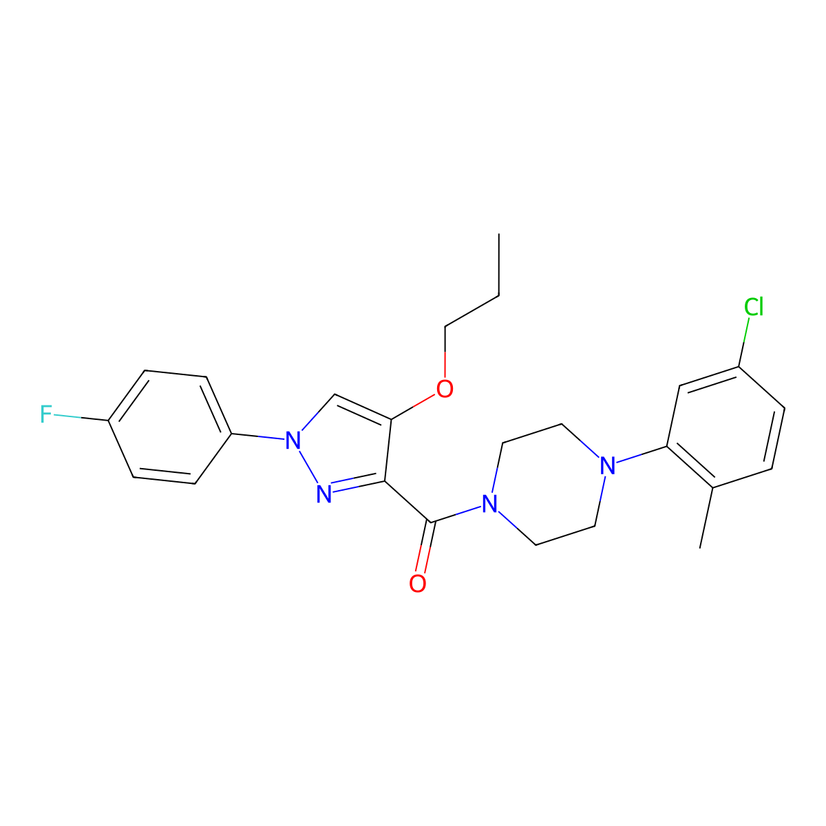 (4-(5-chloro-2-methylphenyl)piperazin-1-yl)(1-(4-fluorophenyl)-4-propoxy-1H-pyrazol-3-yl)methanone molecular structure, CAS 1211220-05-1
