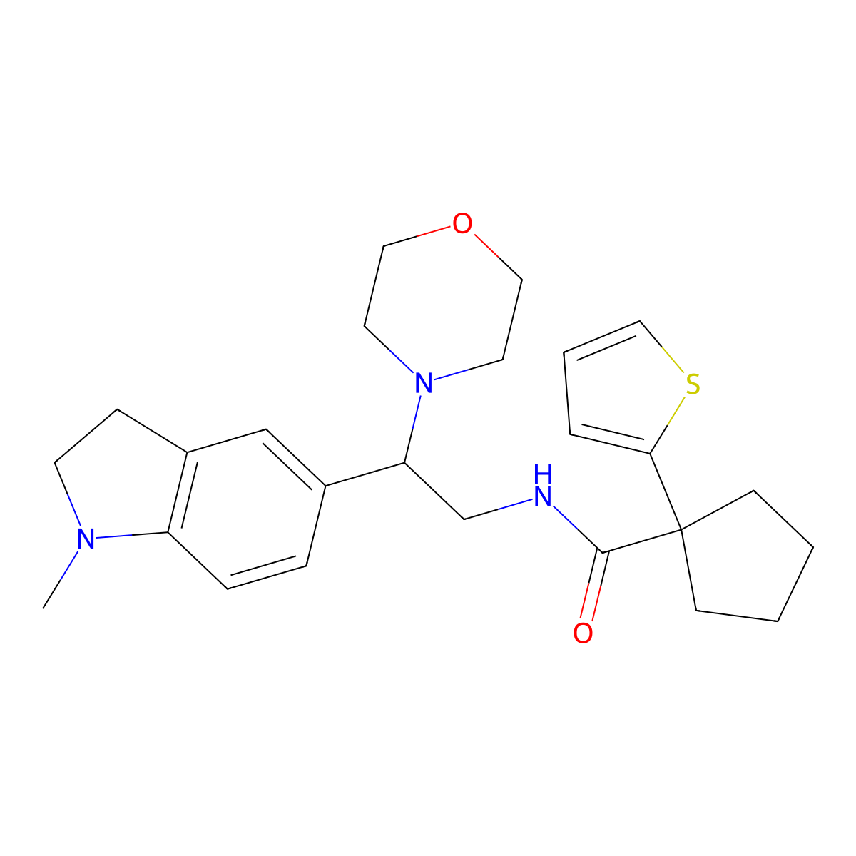 N-(2-(1-methylindolin-5-yl)-2-morpholinoethyl)-1-(thiophen-2-yl)cyclopentanecarboxamide molecular structure, CAS 1211229-89-8