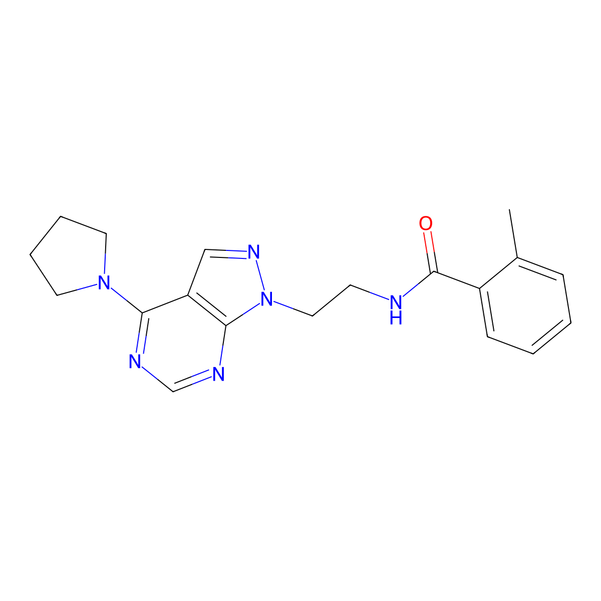 2-methyl-N-{2-[4-(pyrrolidin-1-yl)-1H-pyrazolo[3,4-d]pyrimidin-1-yl]ethyl}benzamide molecular structure, CAS 1211229-96-7