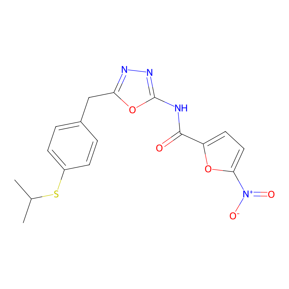 N-(5-(4-(isopropylthio)benzyl)-1,3,4-oxadiazol-2-yl)-5-nitrofuran-2-carboxamide molecular structure, CAS 1211232-97-1