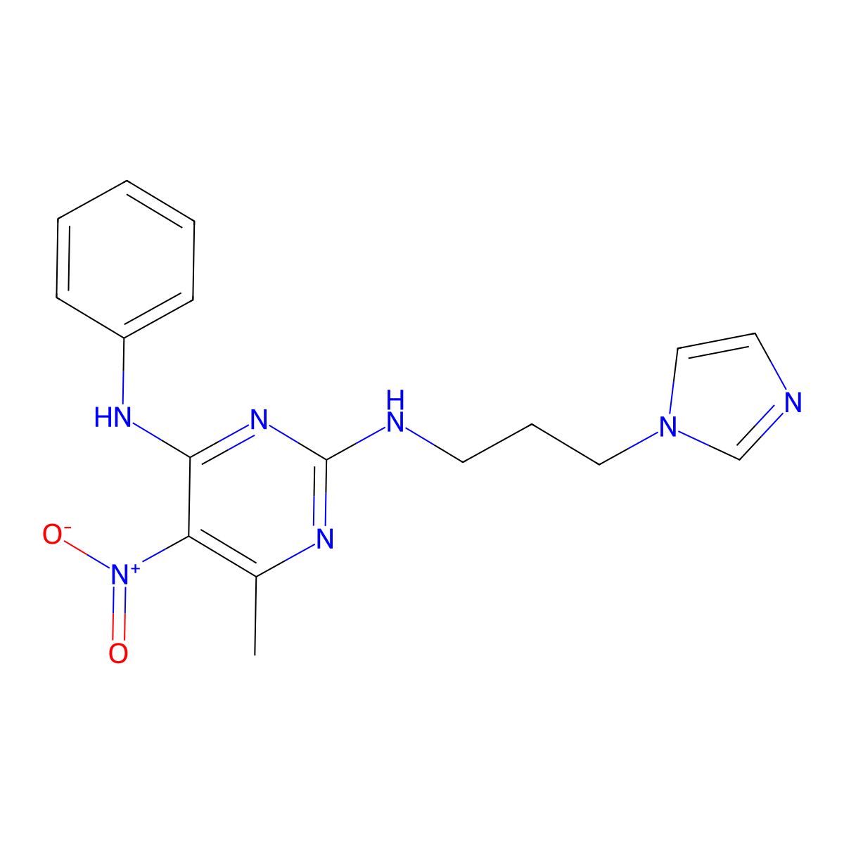 N2-(3-(1H-imidazol-1-yl)propyl)-6-methyl-5-nitro-N4-phenylpyrimidine-2,4-diamine molecular structure, CAS 1211238-79-7