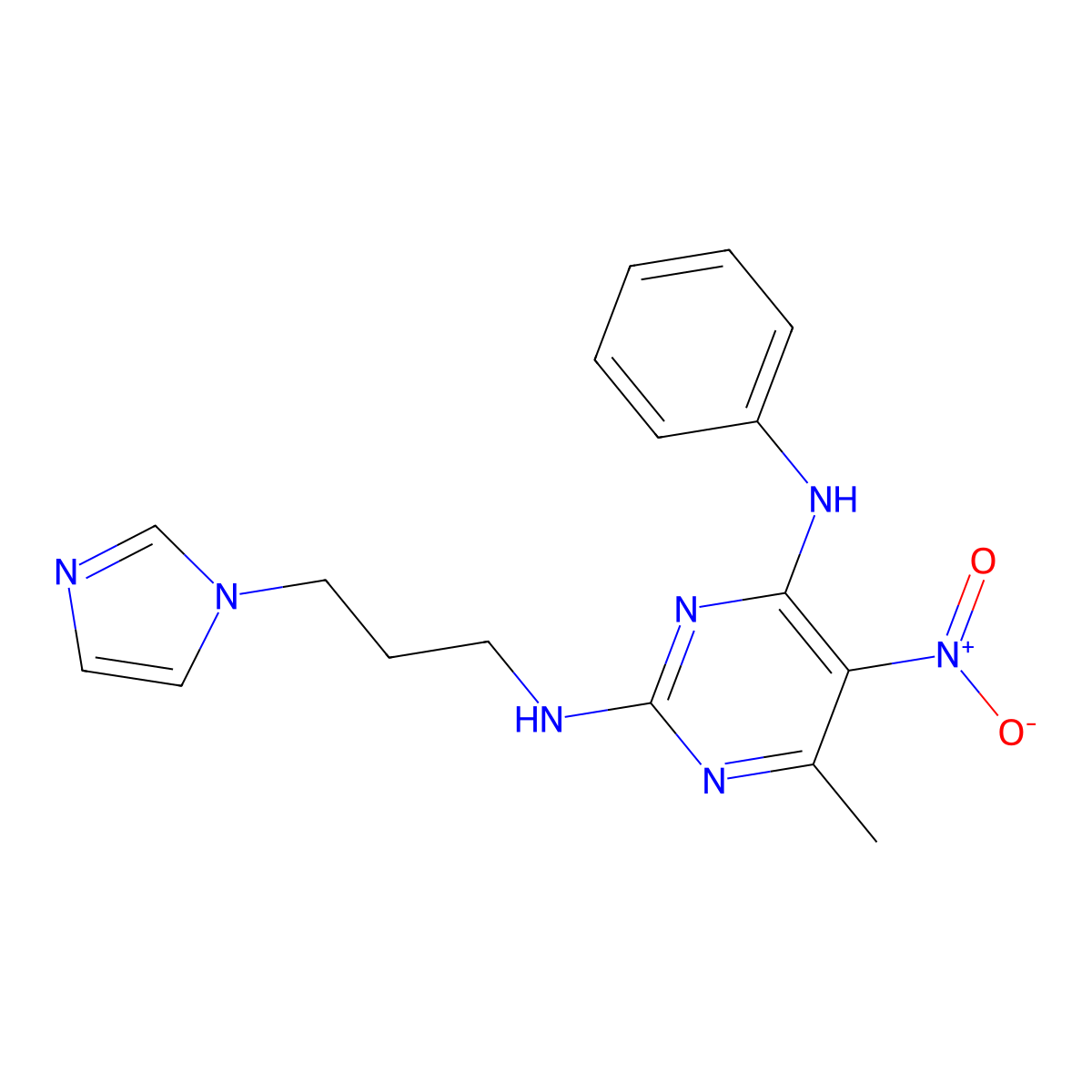 N2-(3-(1H-imidazol-1-yl)propyl)-6-methyl-5-nitro-N4-phenylpyrimidine-2,4-diamine molecular structure, CAS 1211238-79-7