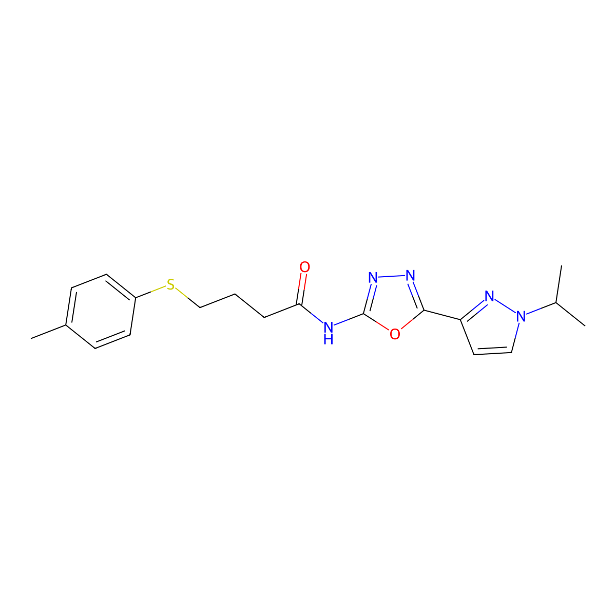 N-(5-(1-isopropyl-1H-pyrazol-3-yl)-1,3,4-oxadiazol-2-yl)-4-(p-tolylthio)butanamide molecular structure, CAS 1211244-74-4