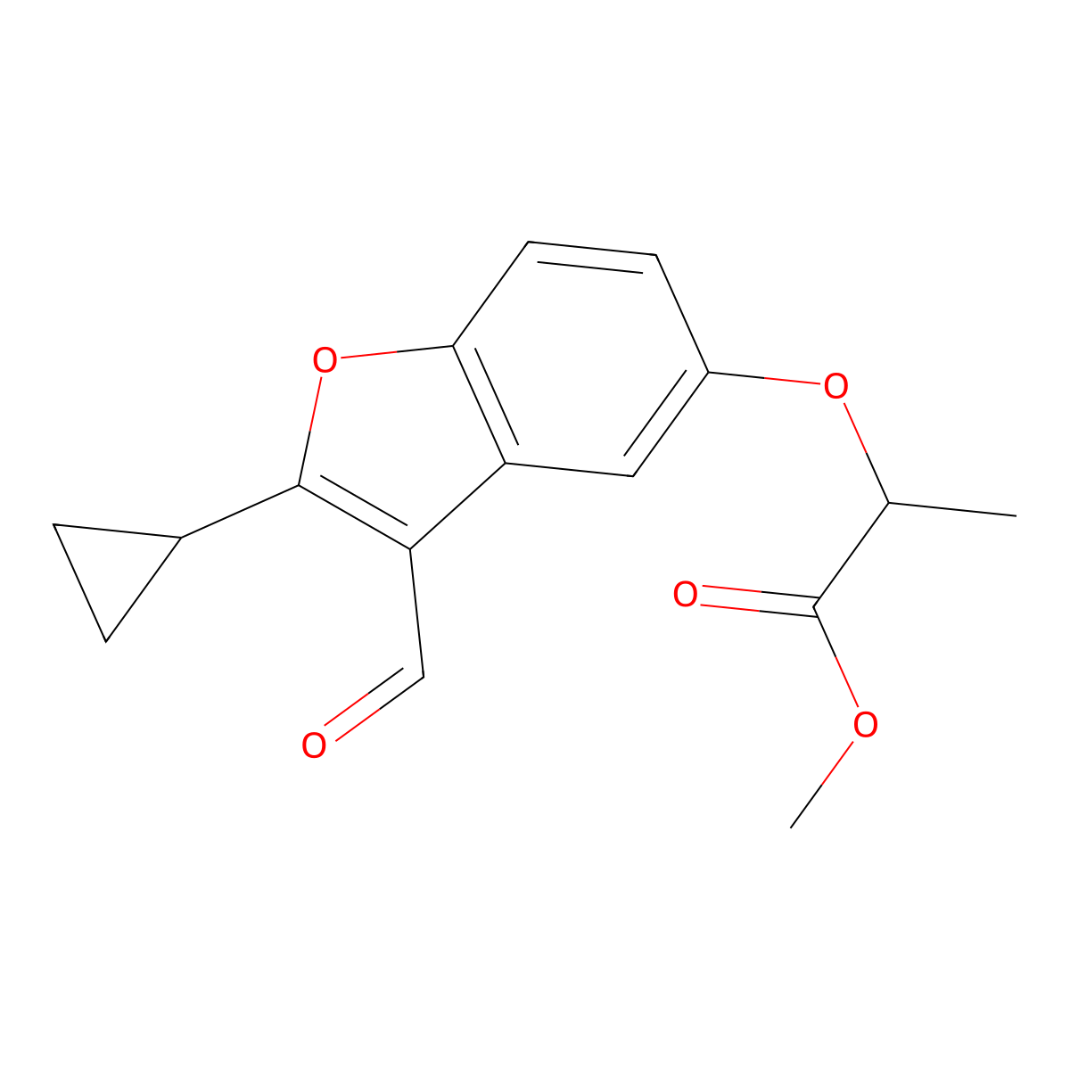 Methyl 2-[(2-cyclopropyl-3-formyl-1-benzofuran-5-yl)oxy]propanoate molecular structure, CAS 1211249-98-7