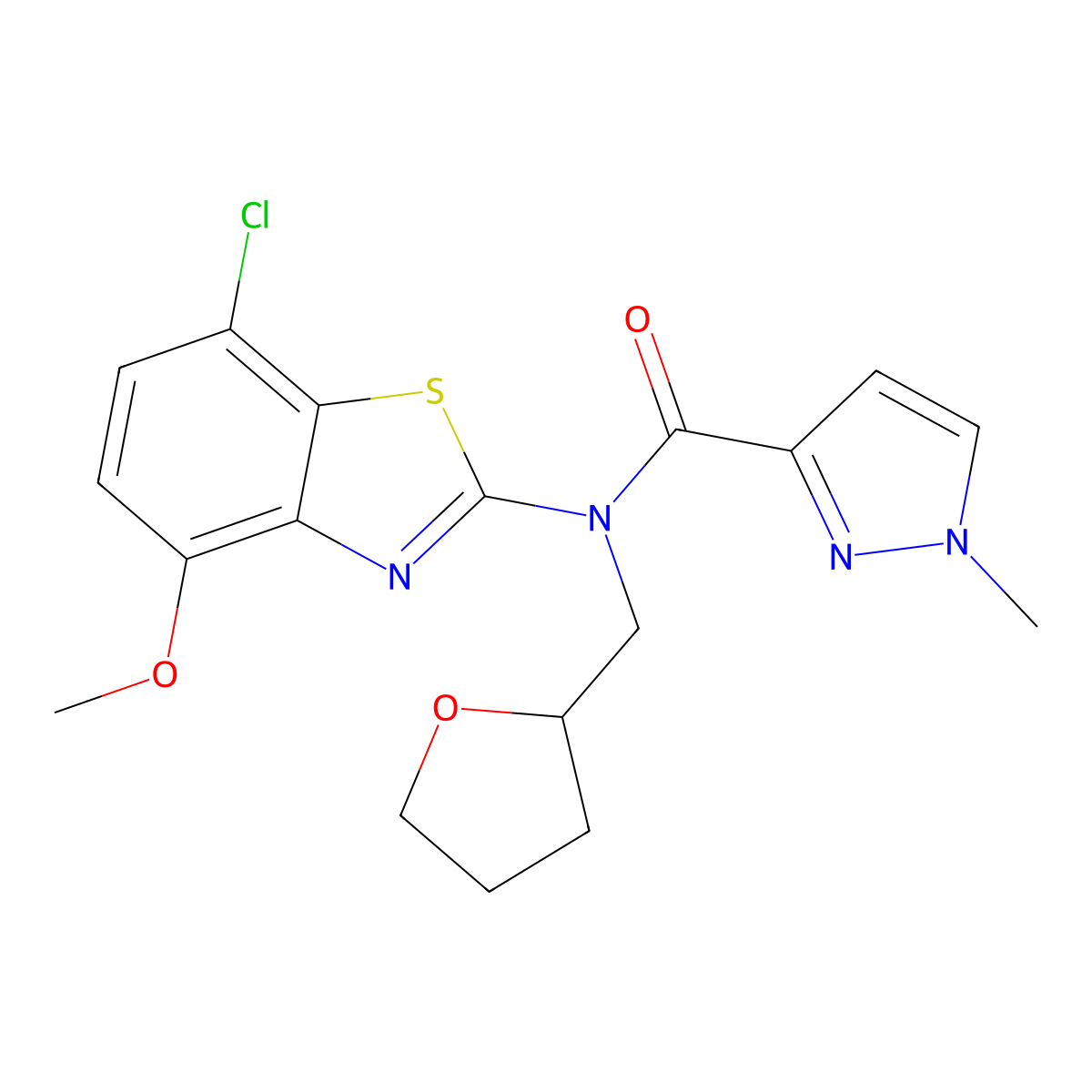 N-(7-chloro-4-methoxybenzo[d]thiazol-2-yl)-1-methyl-N-((tetrahydrofuran-2-yl)methyl)-1H-pyrazole-3-carboxamide molecular structure, CAS 1211257-61-2