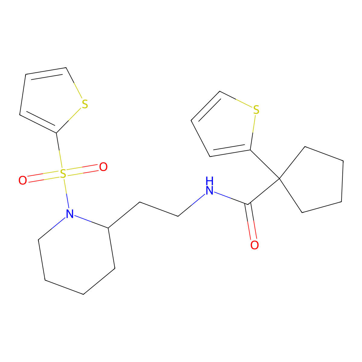 1-(thiophen-2-yl)-N-(2-(1-(thiophen-2-ylsulfonyl)piperidin-2-yl)ethyl)cyclopentanecarboxamide molecular structure, CAS 1211259-74-3