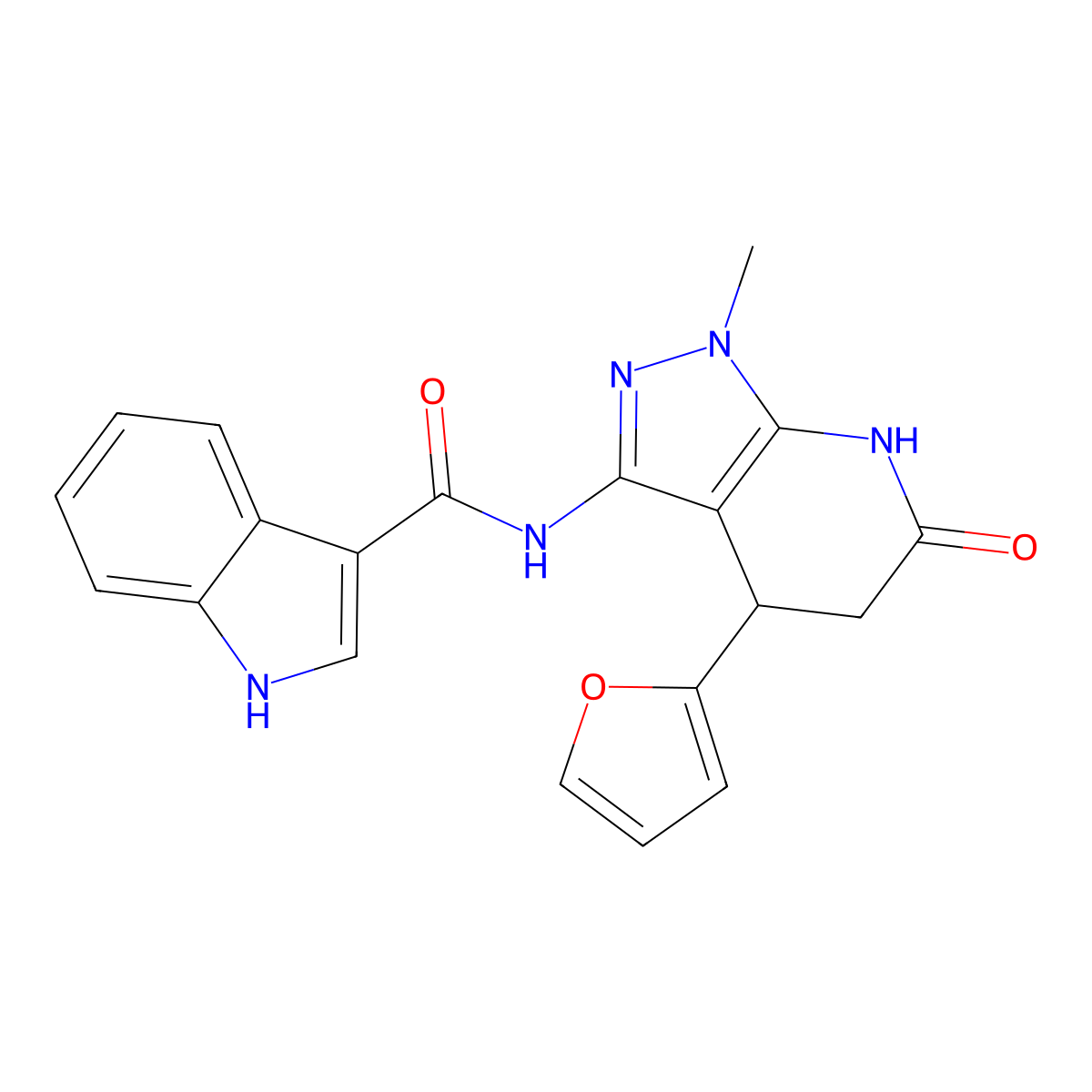 N-(4-(furan-2-yl)-1-methyl-6-oxo-4,5,6,7-tetrahydro-1H-pyrazolo[3,4-b]pyridin-3-yl)-1H-indole-3-carboxamide molecular structure, CAS 1211264-23-1