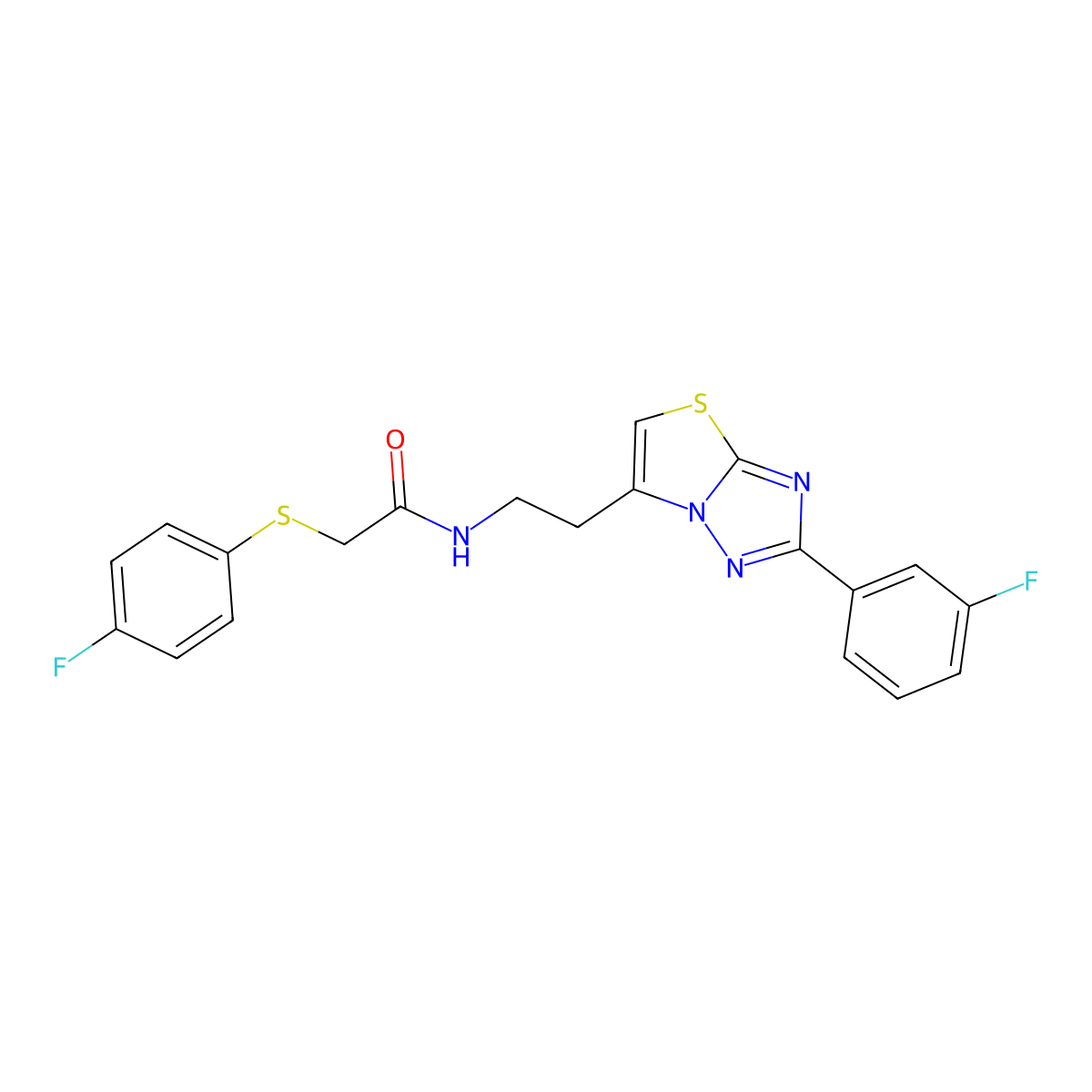 N-(2-(2-(3-fluorophenyl)thiazolo[3,2-b][1,2,4]triazol-6-yl)ethyl)-2-((4-fluorophenyl)thio)acetamide molecular structure, CAS 1211268-55-1