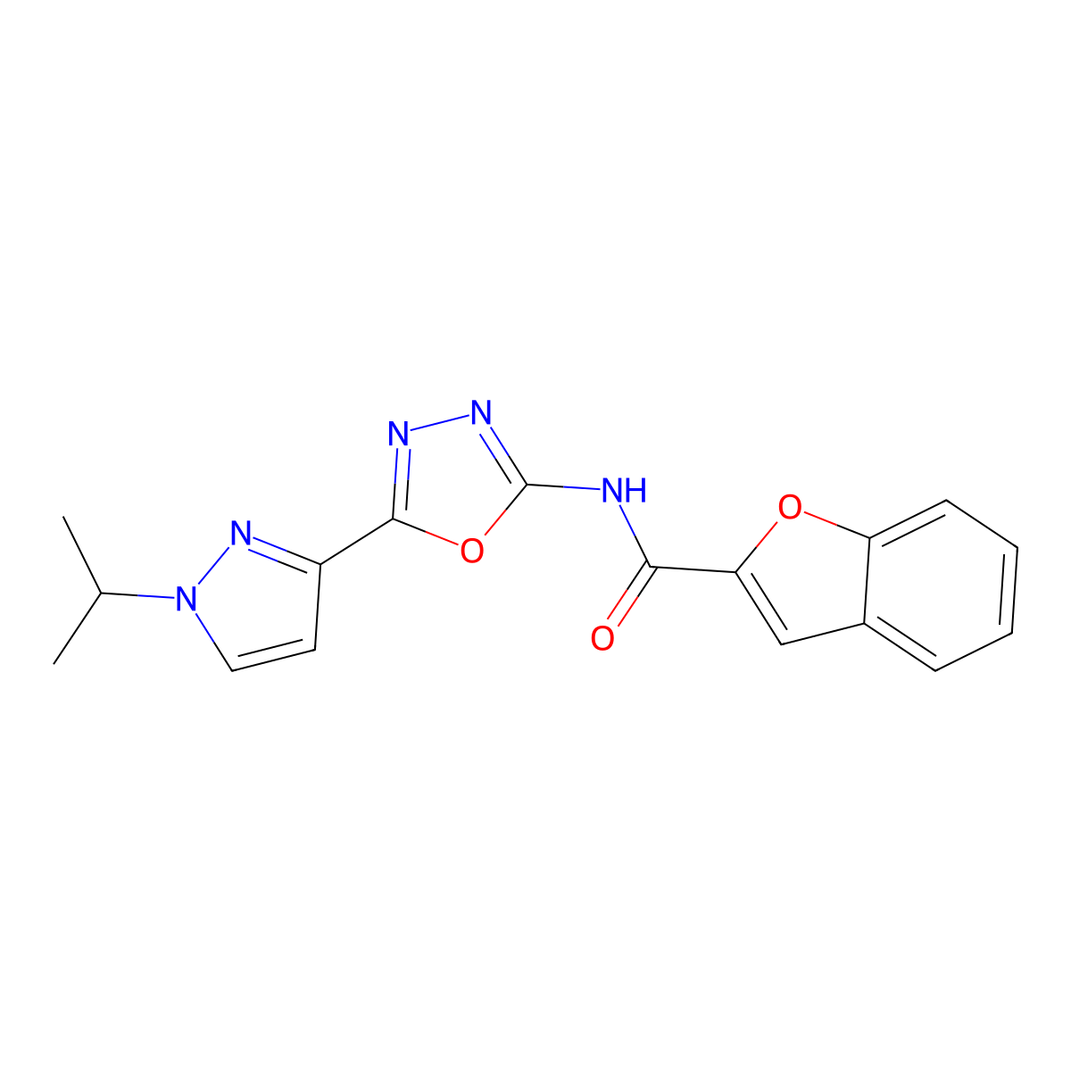 N-(5-(1-isopropyl-1H-pyrazol-3-yl)-1,3,4-oxadiazol-2-yl)benzofuran-2-carboxamide molecular structure, CAS 1211278-08-8
