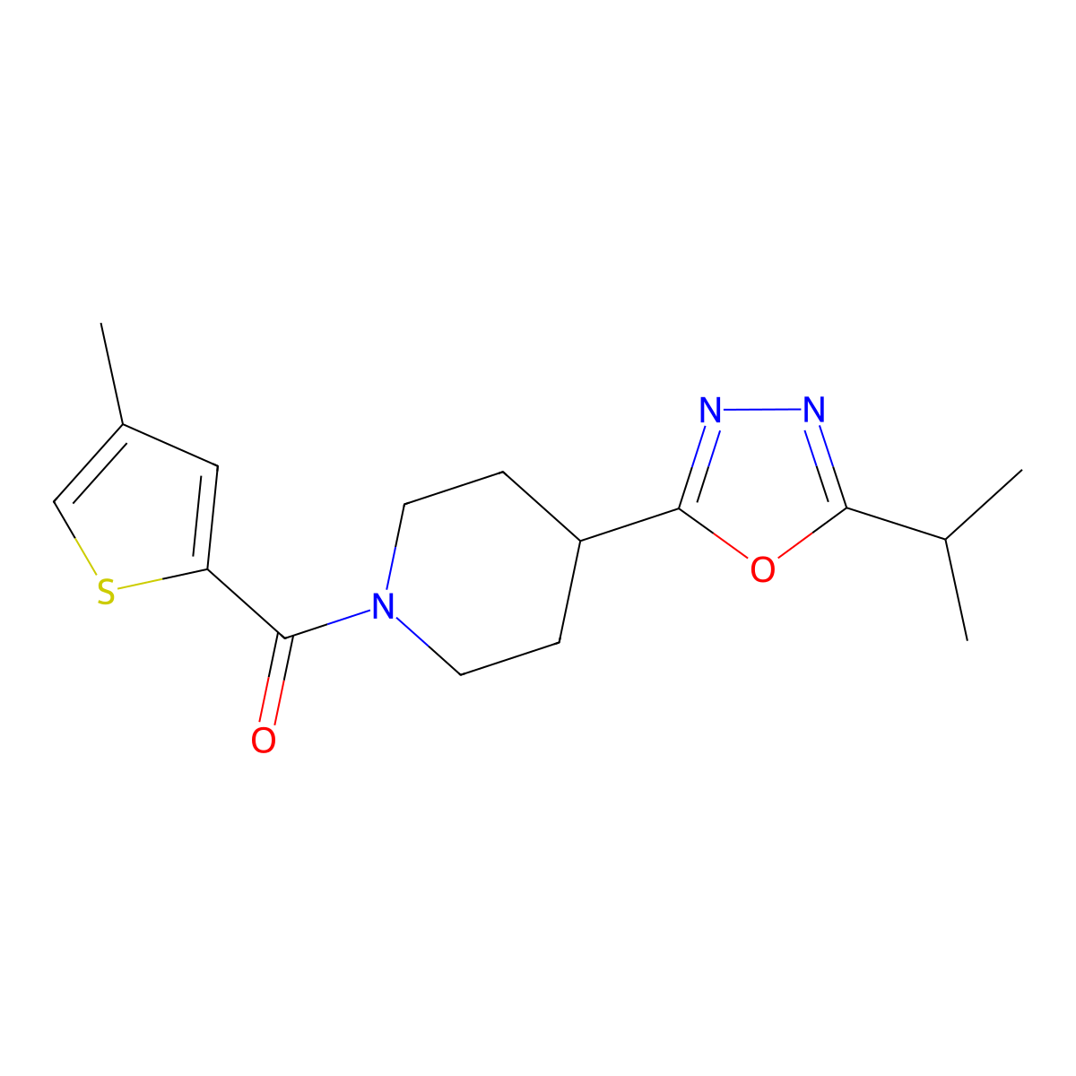 (4-(5-Isopropyl-1,3,4-oxadiazol-2-yl)piperidin-1-yl)(4-methylthiophen-2-yl)methanone molecular structure, CAS 1211283-79-2