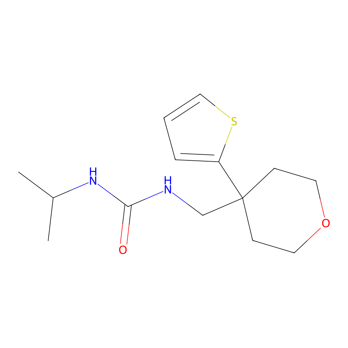 1-isopropyl-3-((4-(thiophen-2-yl)tetrahydro-2H-pyran-4-yl)methyl)urea molecular structure, CAS 1211284-83-1