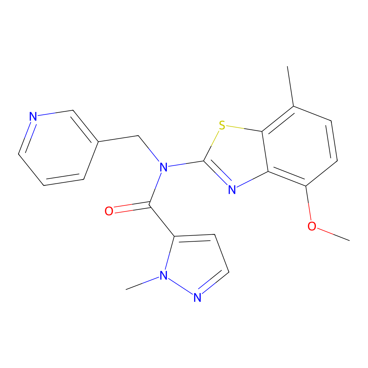 N-(4-methoxy-7-methylbenzo[d]thiazol-2-yl)-1-methyl-N-(pyridin-3-ylmethyl)-1H-pyrazole-5-carboxamide molecular structure, CAS 1211286-87-1